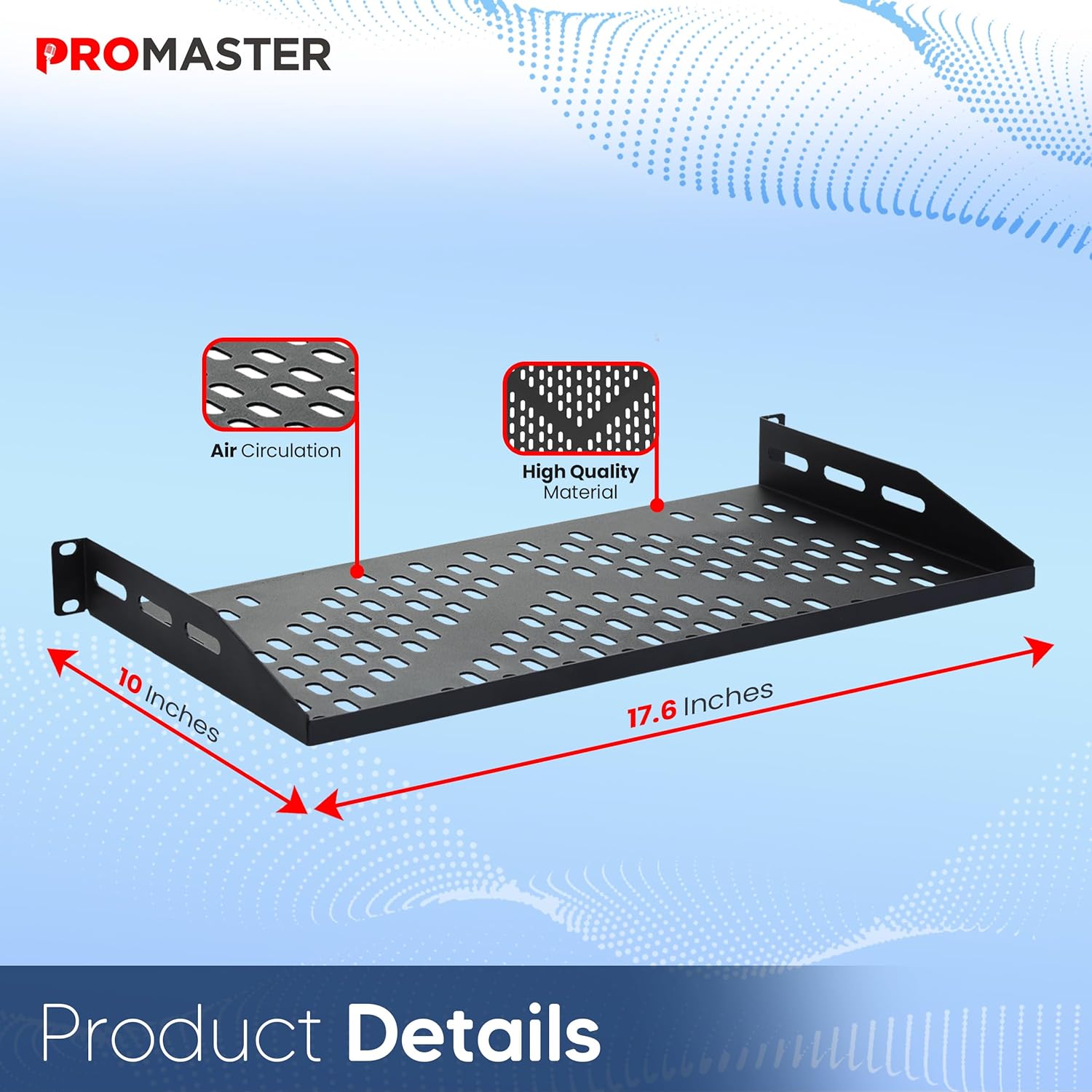 ProMaster Server Vented Shelf - 2-Pack 19 Inches, 10'' Deep, 1U Universal Integration Server Vented Rack Mounting Tray for Good Airflow, Cantilever Mount, Device and Equipment Wall Mounting - Black