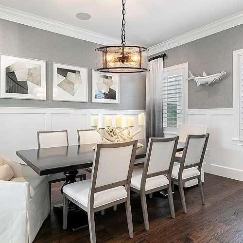 Miniatura 6 de Lámparas colgantes negras de 11.8 pulgadas, 3 lámparas de cristal de tambor pequeño para mesa con cadena, lámpara para vestíbulo, isla de cocina,