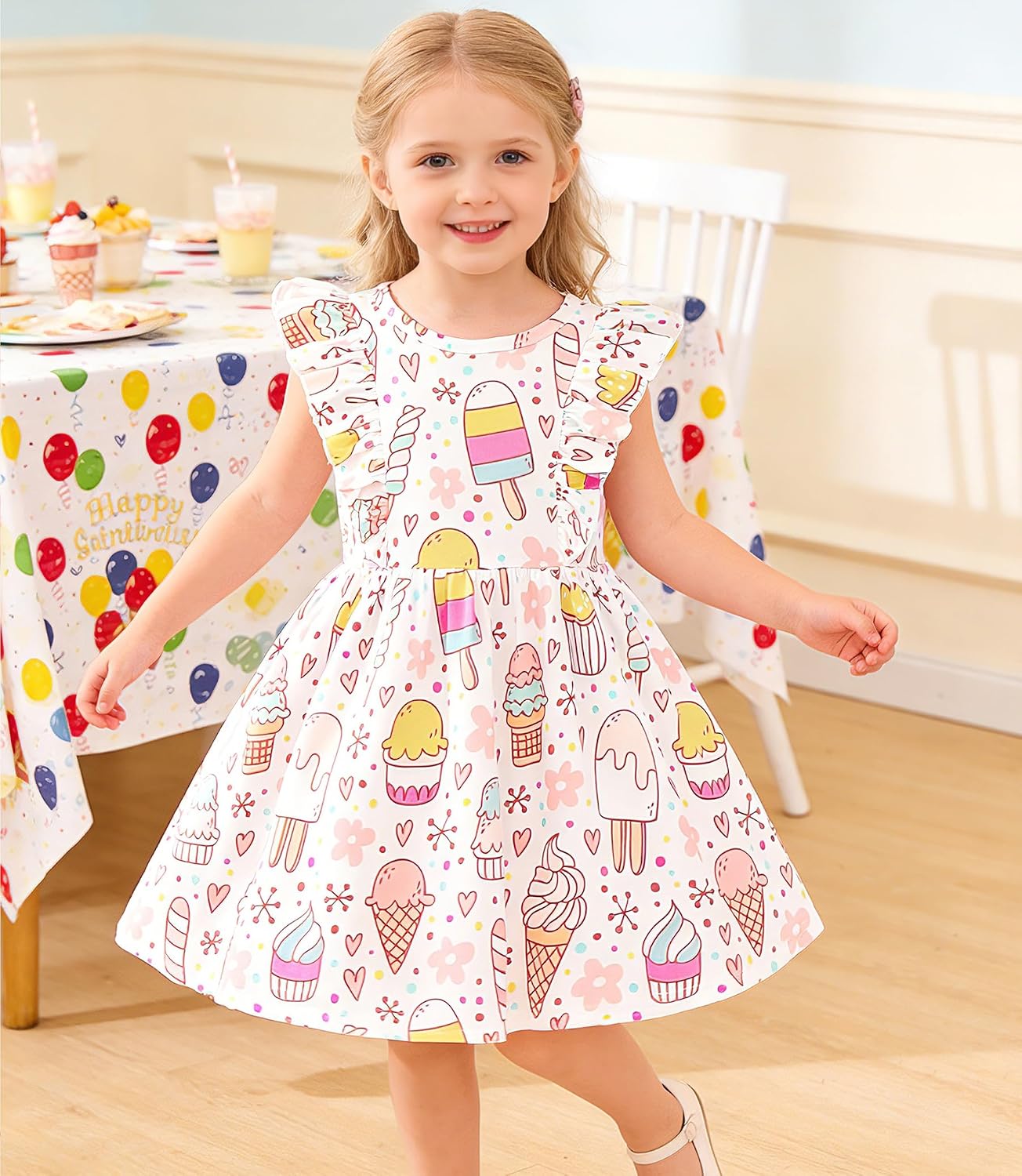 Little Girls A-line Dress Cute Leopard Mermaid Pattern Ruffle Sundress Toddler Girl Casual Dresses for Party 2-7Y