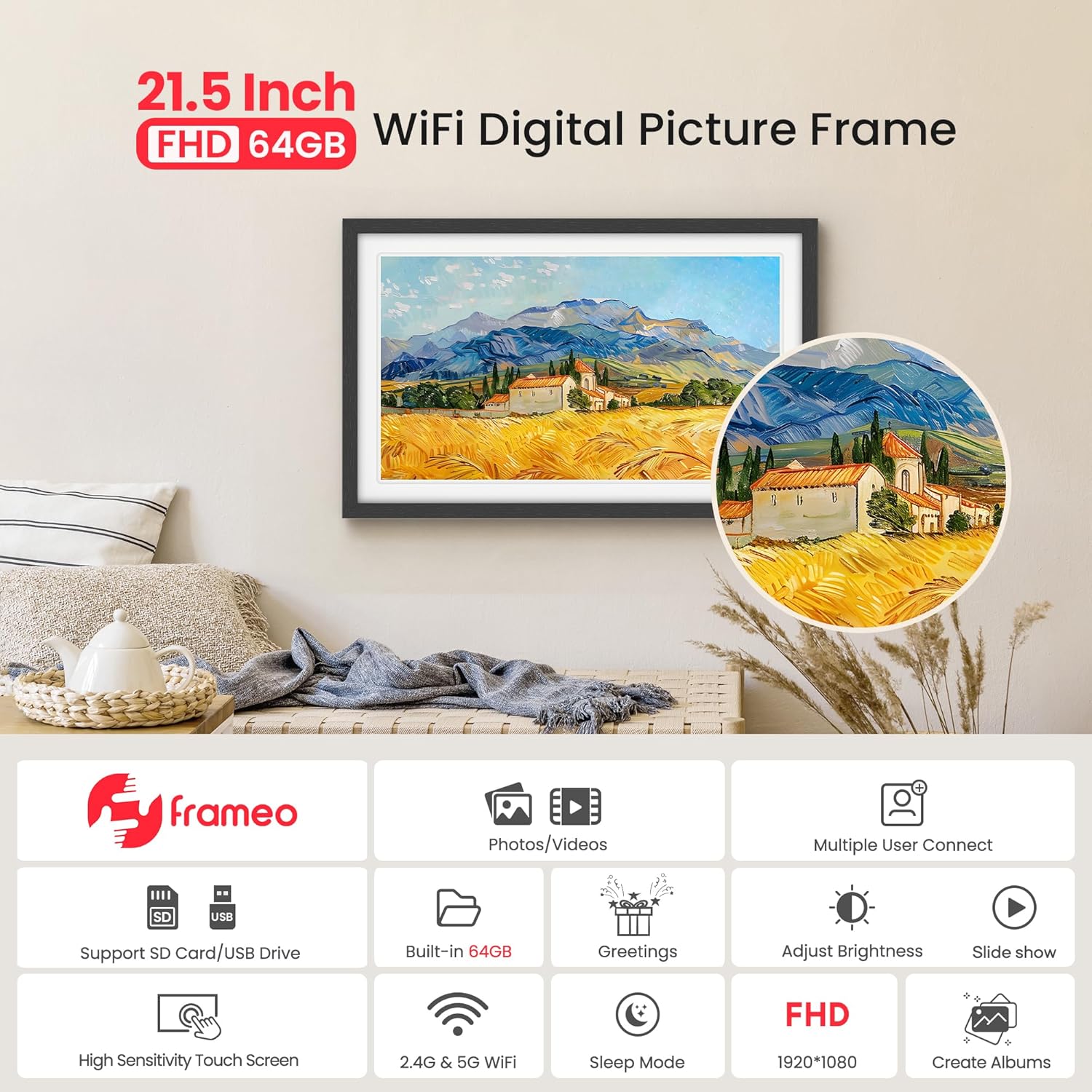 64GB Frameo 21.5" Digital Picture Frame Large 1920 x 1080 IPS FHD Touch Screen WiFi Electronic Photo Frames Share Moments from Phone Instantly Best Gifts for Parents and Grandparents Black Wood White