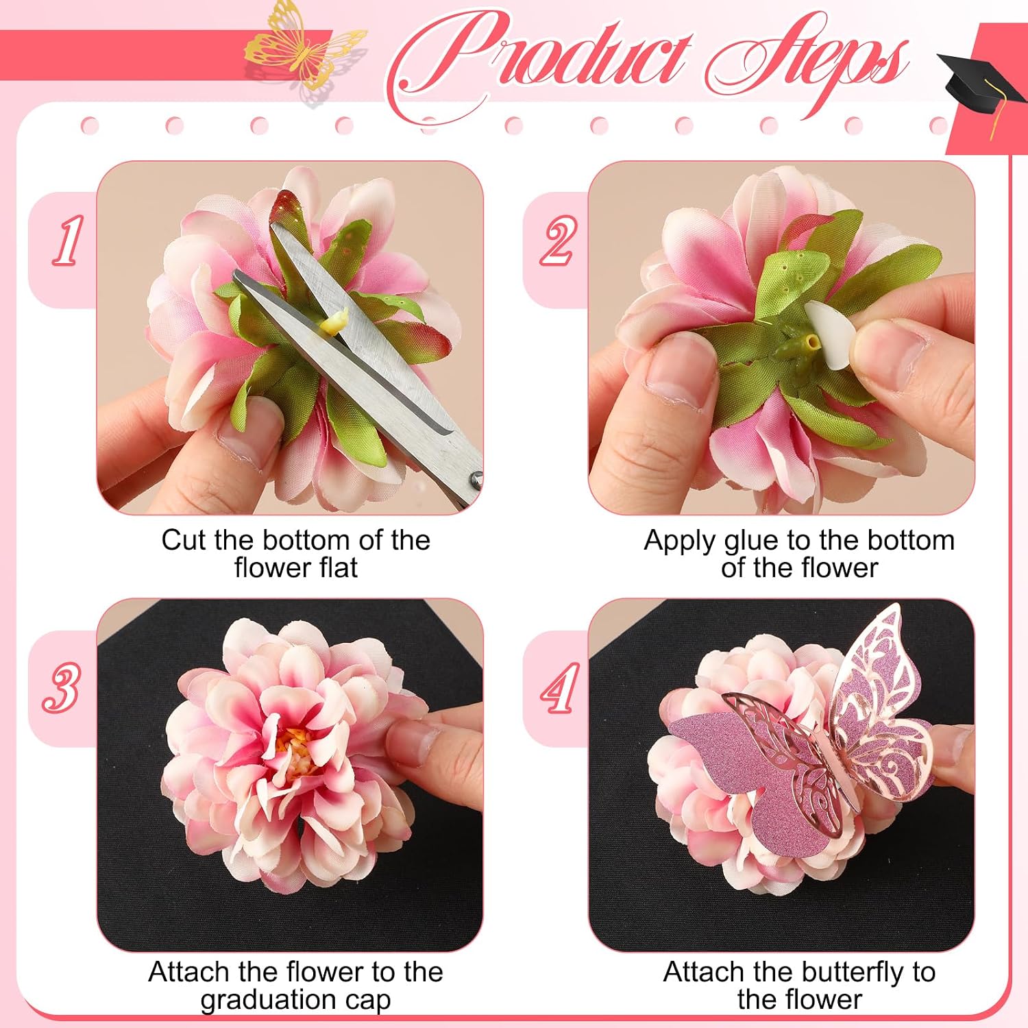 Wavwavw 36 Pcs DIY Graduation Cap Decorations Accessory Kit Include Faux Flower Heads and 3D Glitter Butterfly for Graduation Cap Decoration Home Decor Cake Wreath Decor(Purple)