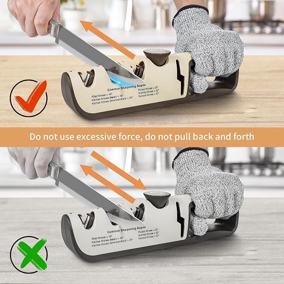 4 in 1 Manual Knife Sharpener with Scissors Sharpener,Knife Sharpener Professional with 6 Levels Individually Adjustable,Ergonomic Handle Knife Sharpening for Kitchen Knives,with Glove