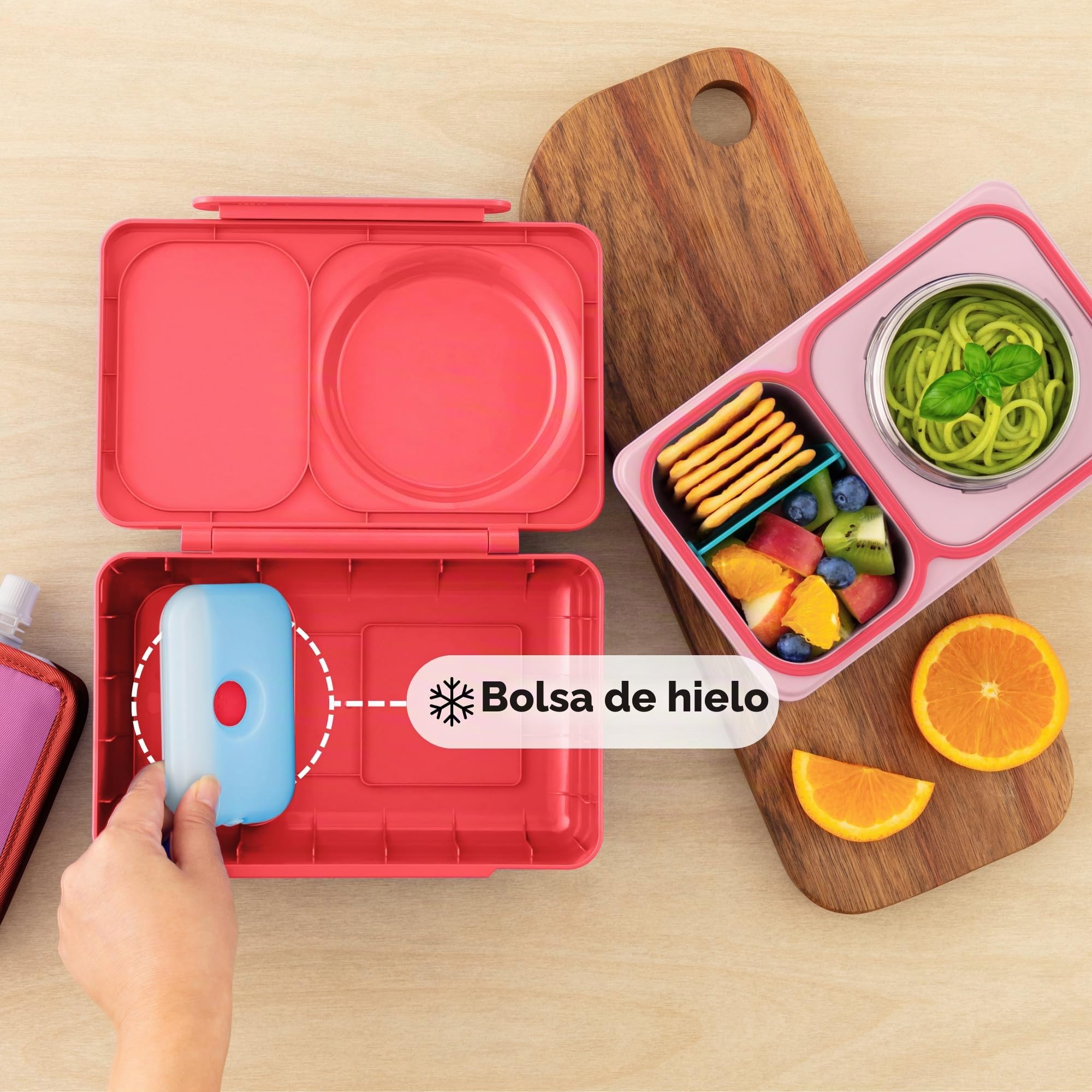 Omie OmieBox UP - Lonchera bento para niños, lonchera aislada, a prueba de fugas, tarro térmico con aislamiento al vacío, bolsa de hielo más fresca, 2 compartimentos (rosa cereza)