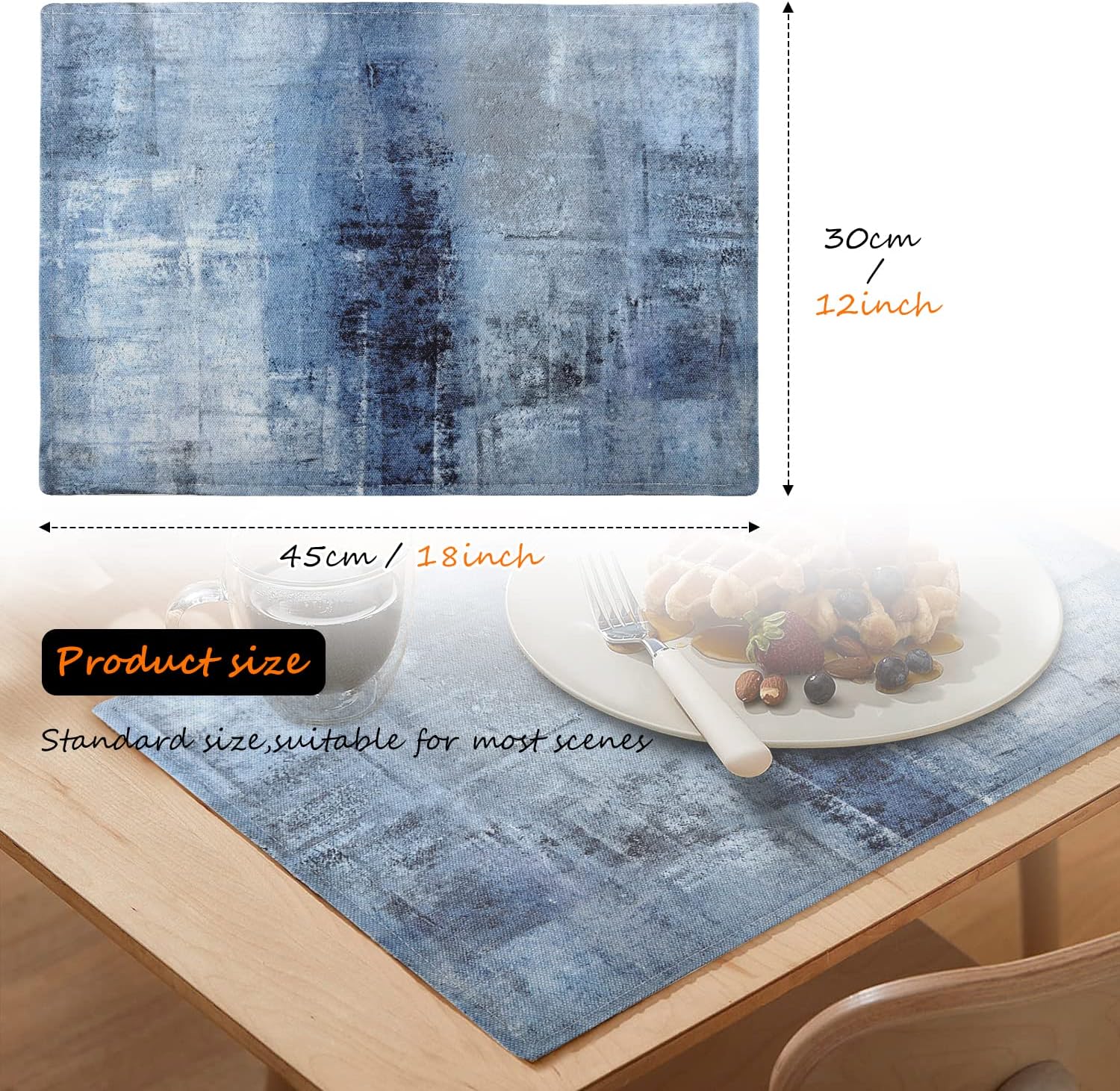 Nеw Prоduсt Summor Placemats, Linen Placemats for Dining Table Washable Placemats Blue and Grey Abstract Art Heat Resistant 18 x 12 Inches Kids Placemats for Dining Table Set of 6, Blue