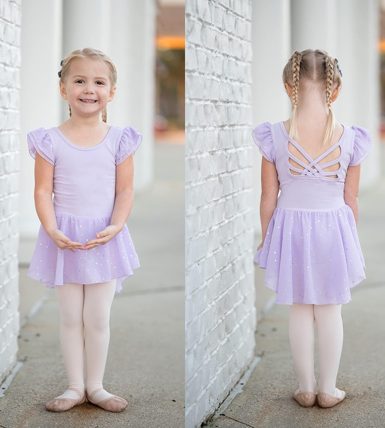 Arshiner Girls Shiny Ruffle Sleeve Ballet Leotard with Skirt Criss-Cross Back Dance Dresses - Image 3