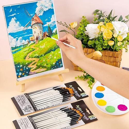 Miniatura 8 de YGAOHF Flat Filbert - Juego de 24 pinceles de nailon para acuarela acrílica, aceite gouache, detalles de manualidades, pintura corporal y cara, kit