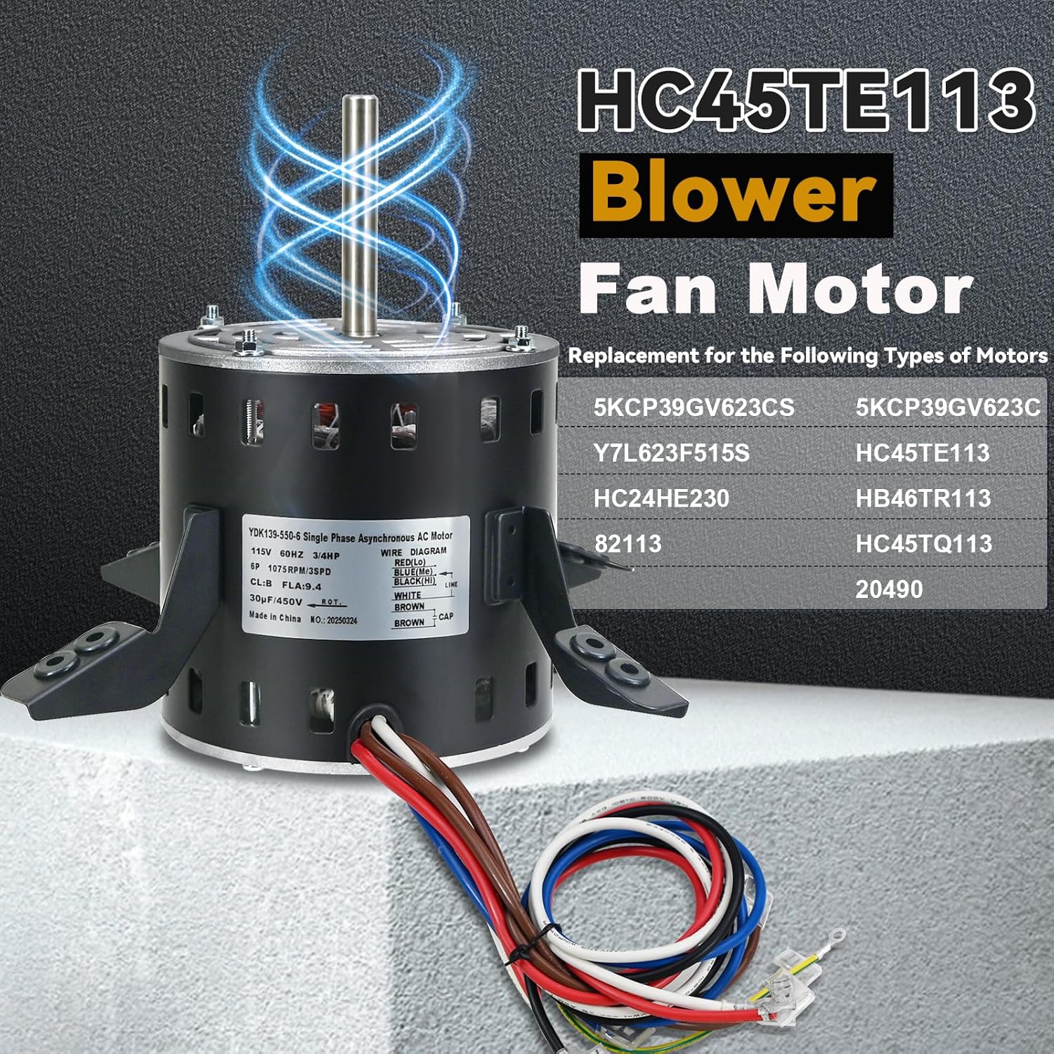 HC45TE113 Blower Fan Motor with a 30μF Capacitor, Replacement for GE Genteq 5KCP39PGV623CS, Compatible with Carrier Bryant Payne Furnace, 3/4HP 115V 1075RPM