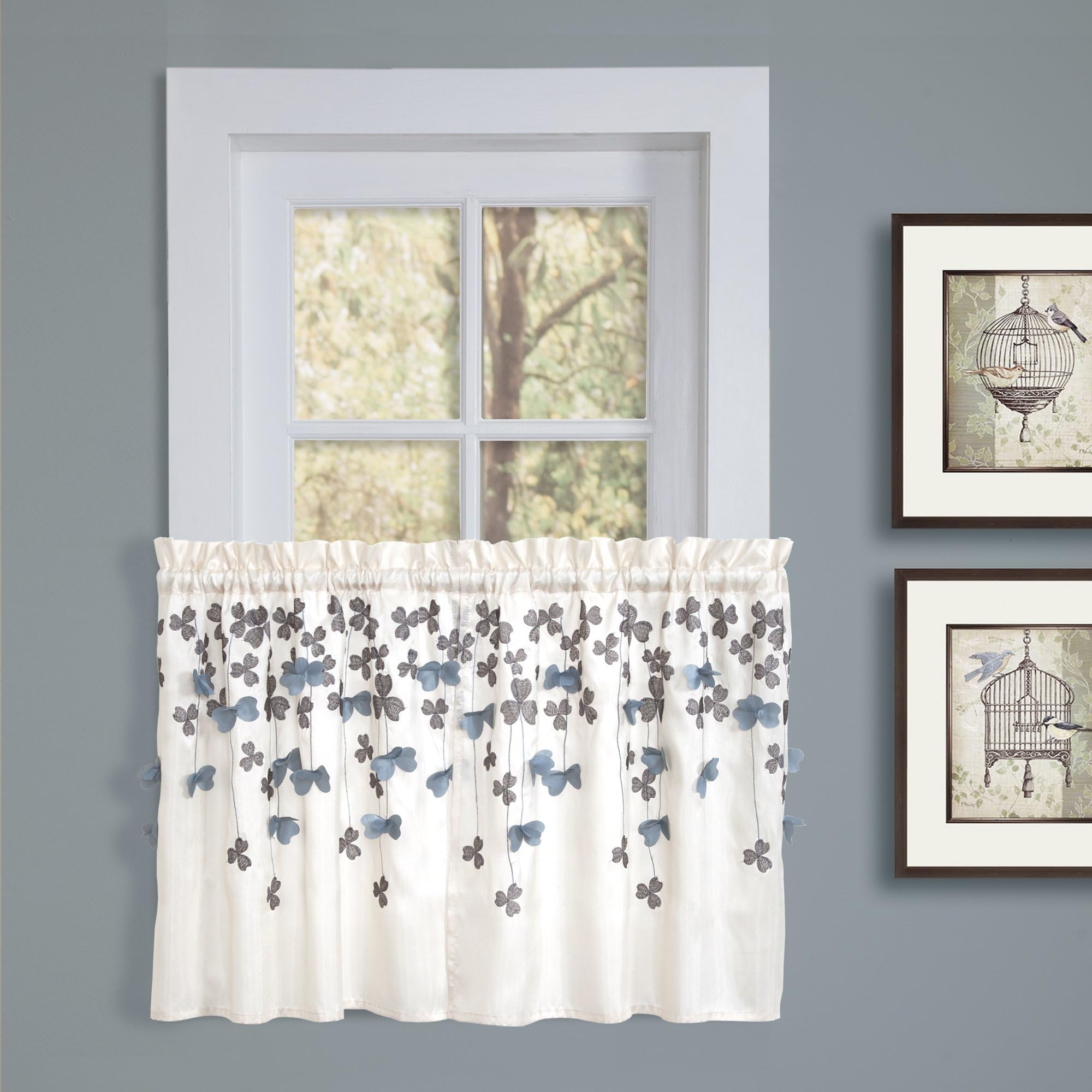 Lush Decor Flower Drops Window Kitchen Tiers, 24 by 29-Inch, Ivory, Set of 2