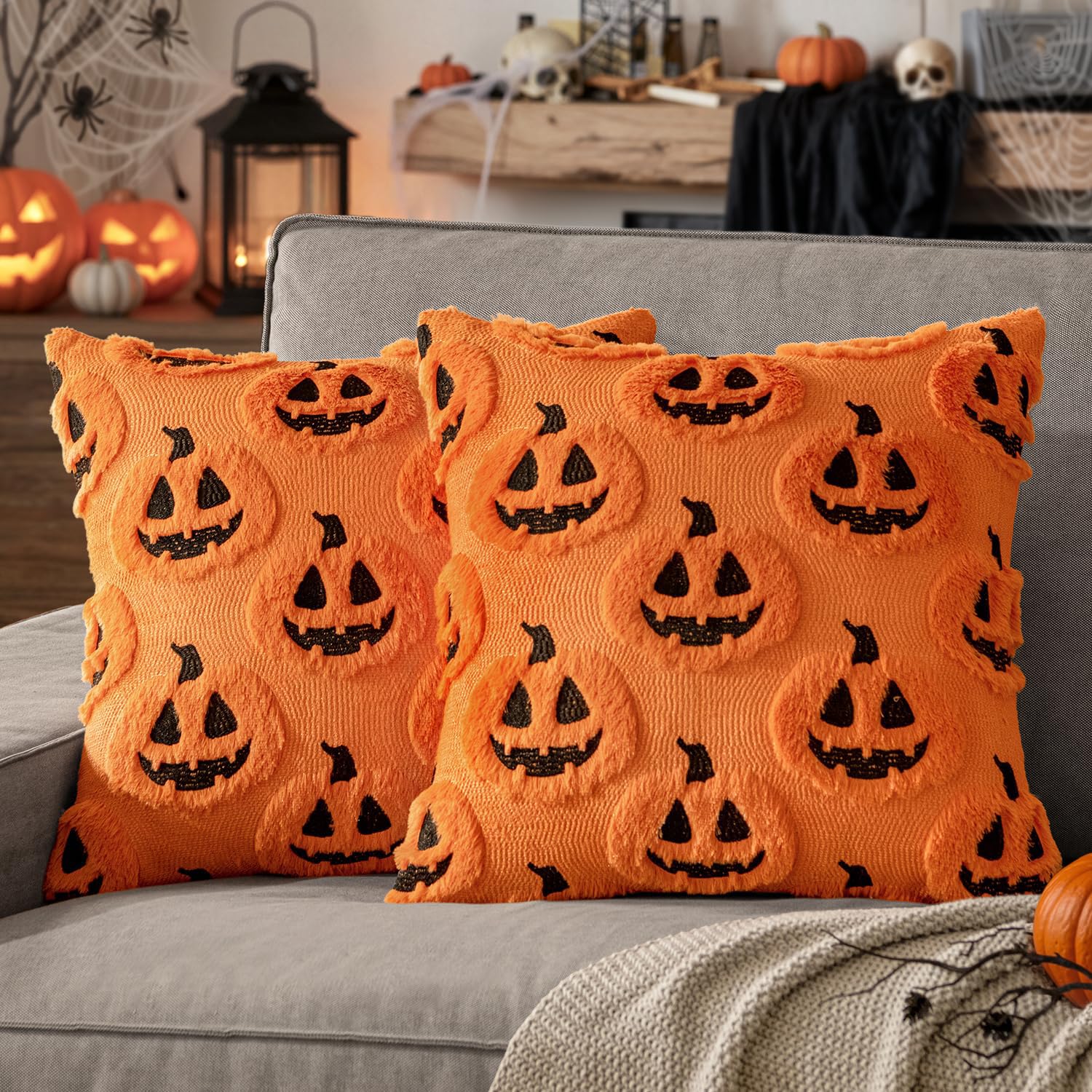 MIULEE 2 Pack Halloween Cushion Covers 40x40 Orange Ghost Pumpkin