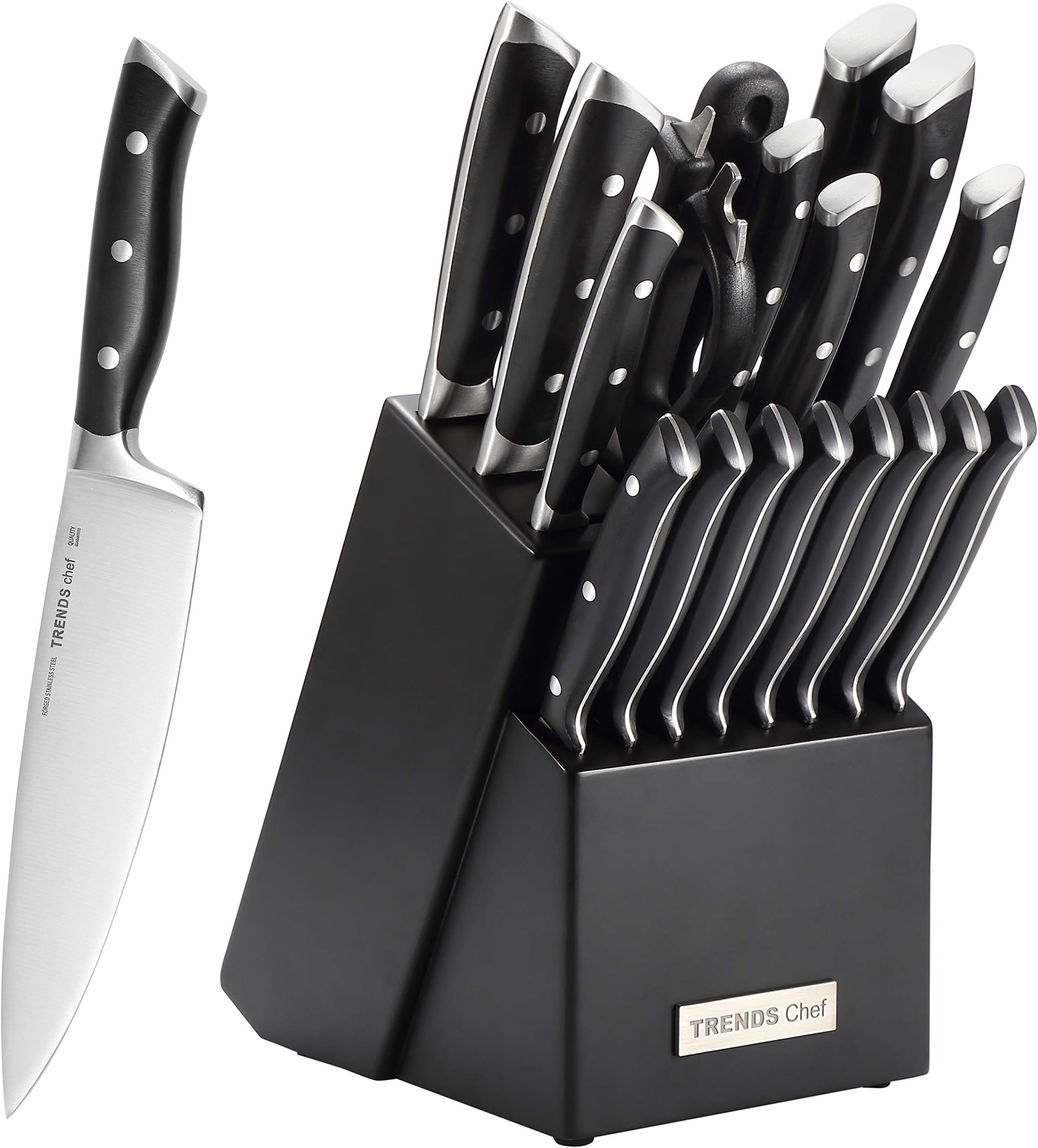 TRENDS Chef 19 Pc Premium German Steel #1.4116 Kitchen Knife Block Set. Triple Rivet, This set of Knives is a super sharp knife set for the kitchen, 16 Knives, Sharpener, Block, and kitchen shears.