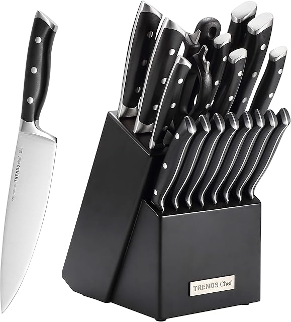 TRENDS Home, 19-Pc Premium Kitchen Knife Block Set with Bonus Extras. This Set of Kitchen Knives with Block is All You Need in Your Kitchen. Ideal Knife Set for Gifts.