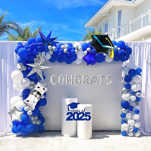 Miniatura 1 de Kit de arco de guirnalda de globos de graduación con temática azul real con tapas de aluminio, diplomas, letras de felicitación, estrellas para la