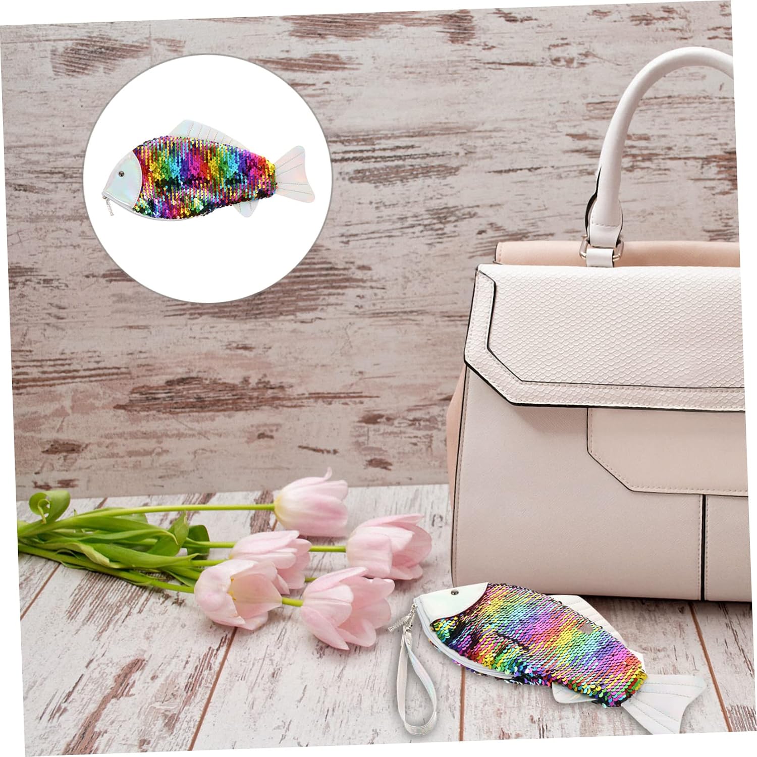 Holibanna 1Pc Chic Mermaid Fish Shape Sequin Clutch Unique Handbag with Zipper Stylish Purse for Women Two Color Sequins Lightweight Coin Bag for Everyday Use