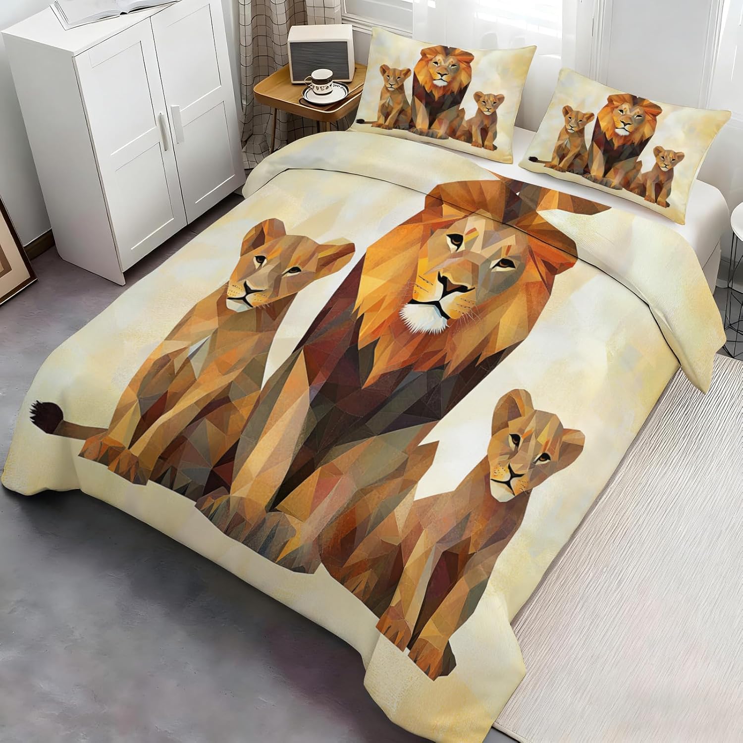 Twin Size Duvet Cover Lion Print Duvet Cover Geometric Lion Comforter Cover Animals Bedding Kids Room Bedding Decor (Reversible Printing)