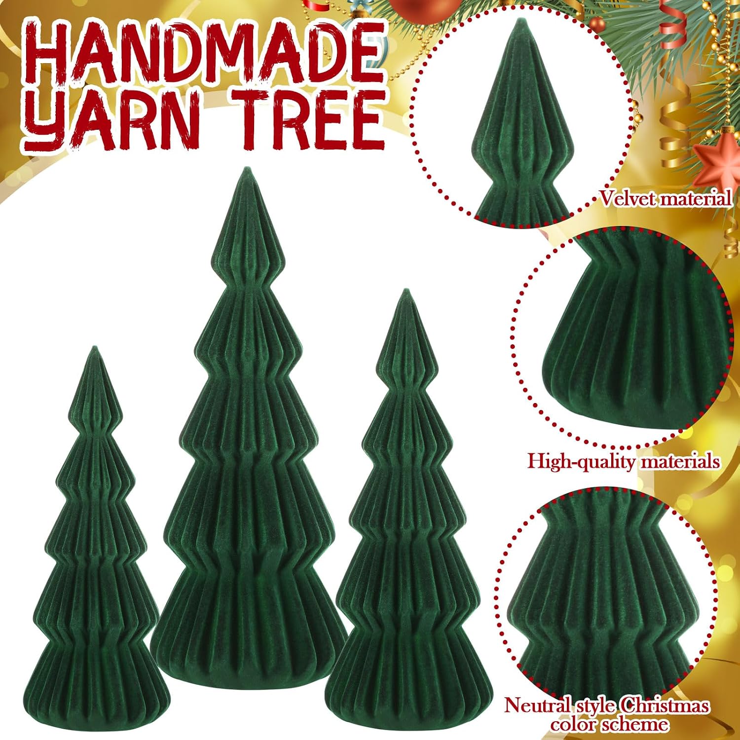 Set of 3 Velvet Ceramic Christmas Trees Decoration Large Modern Velvet Cone Christmas Tree Figurine Decor Holiday Xmas Winter Indoor Home Tabletop Mantel Centerpiece(Dark Green)