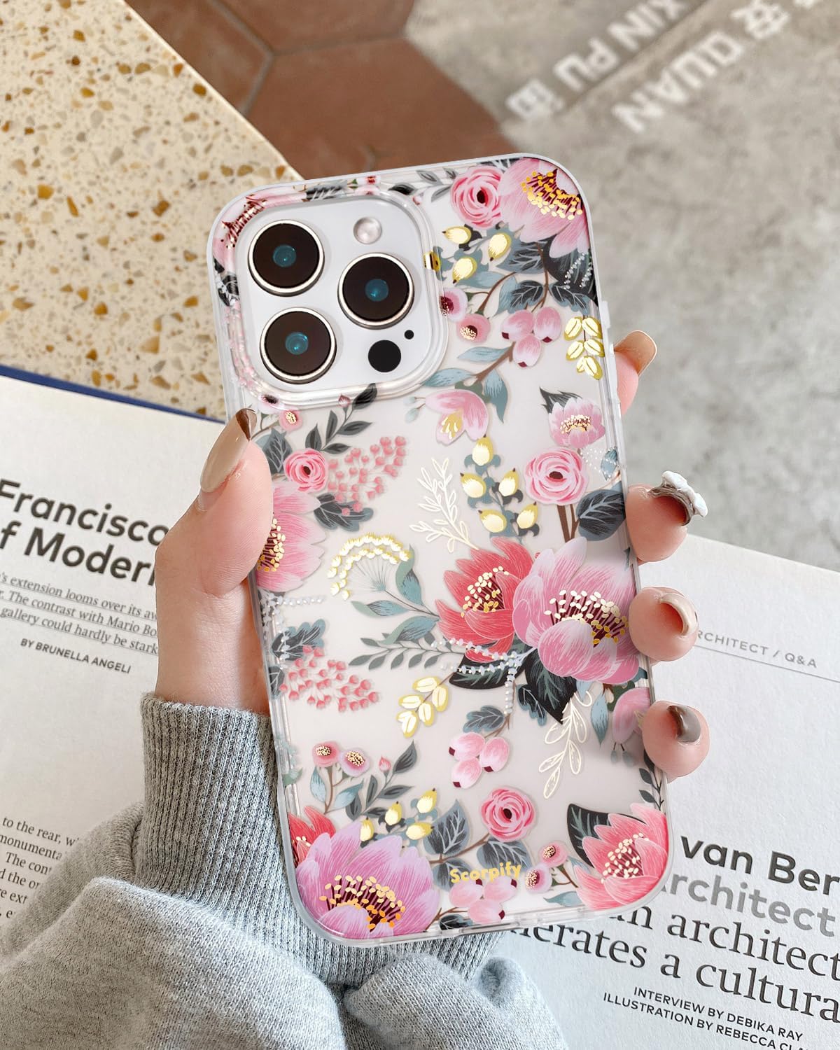 SCORPIFY for iPhone 16 Pro Case with Pink Epiphyllum Floral Design, Cute Clear Flower Phone Cover for Women Girls [10FT MIL-Grade Drop Protection] [Non Yellowing] Slim Bumper with Gold Accents