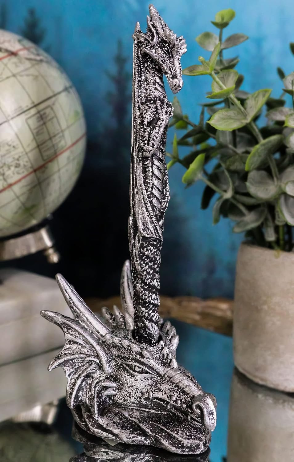 Ebros Gift Ink Of Fire Spirit Leviathan Pen With Dragon Head Base Holder Figurine 6.5" H Office Desktop Accessory Stationery Dungeons And Dragons Medieval Accent