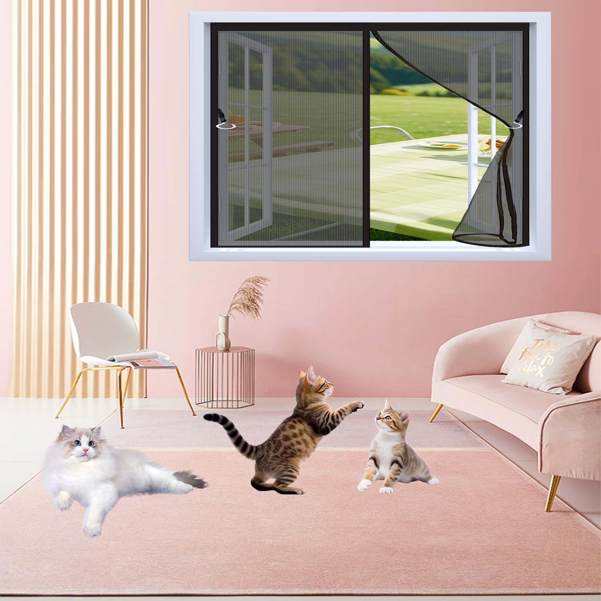 Amzyu Black Magnetic Fly Screens For Windows 142 X 114 Cm Magnetic Balcony Door Fly Screen Fine Mesh Durable ‎Polyester No Drilling Or Screwing With Self-Adhesive Tapes,