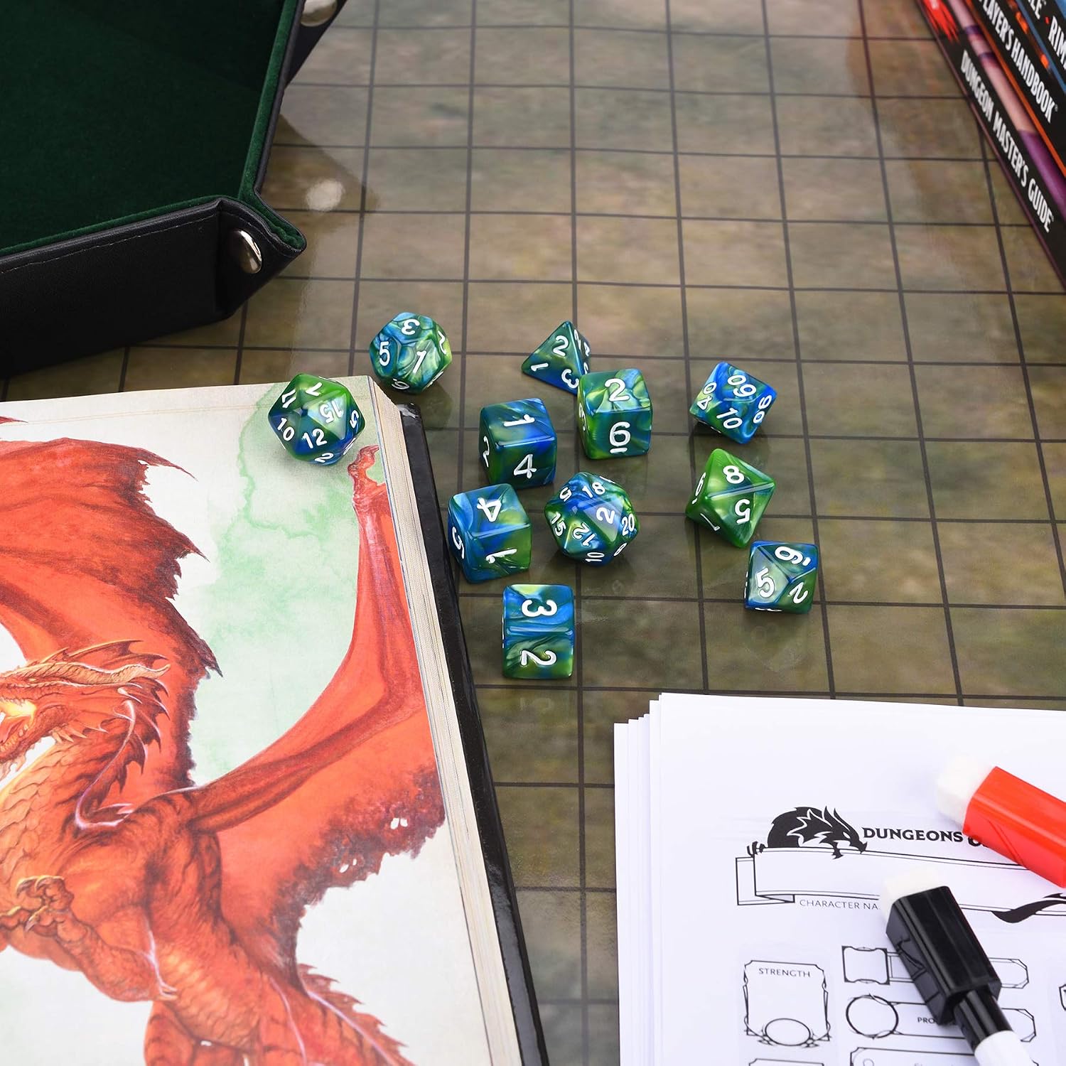 11 Piece Polyhedron Dice Set with Drawstring Bag for Dungeons and Dragons 5e DND RPG Tabletop Games (Blue Green Swirl)
