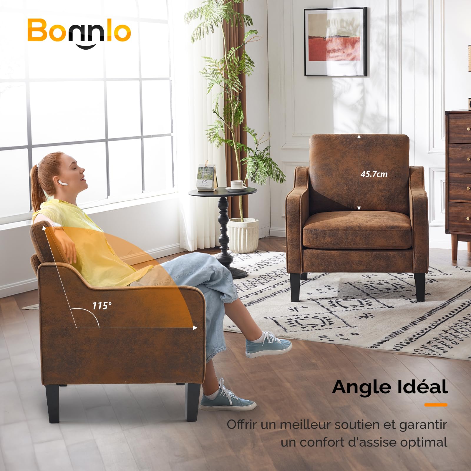 Bonnlo Fauteuil Élégant, Canapé 1 Place Moderne du Milieu du Siècle, Chaise de Lecture Confortable avec Accoudoirs Incurvés, Canapé Rembourré en Chenille, pour Salon, Chambre (1, Marron Vintage)