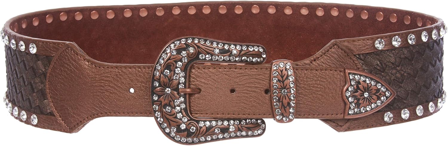 2 3/4" Wide Western Braided Woven Rhinestone Tapered Contour Leather Belt