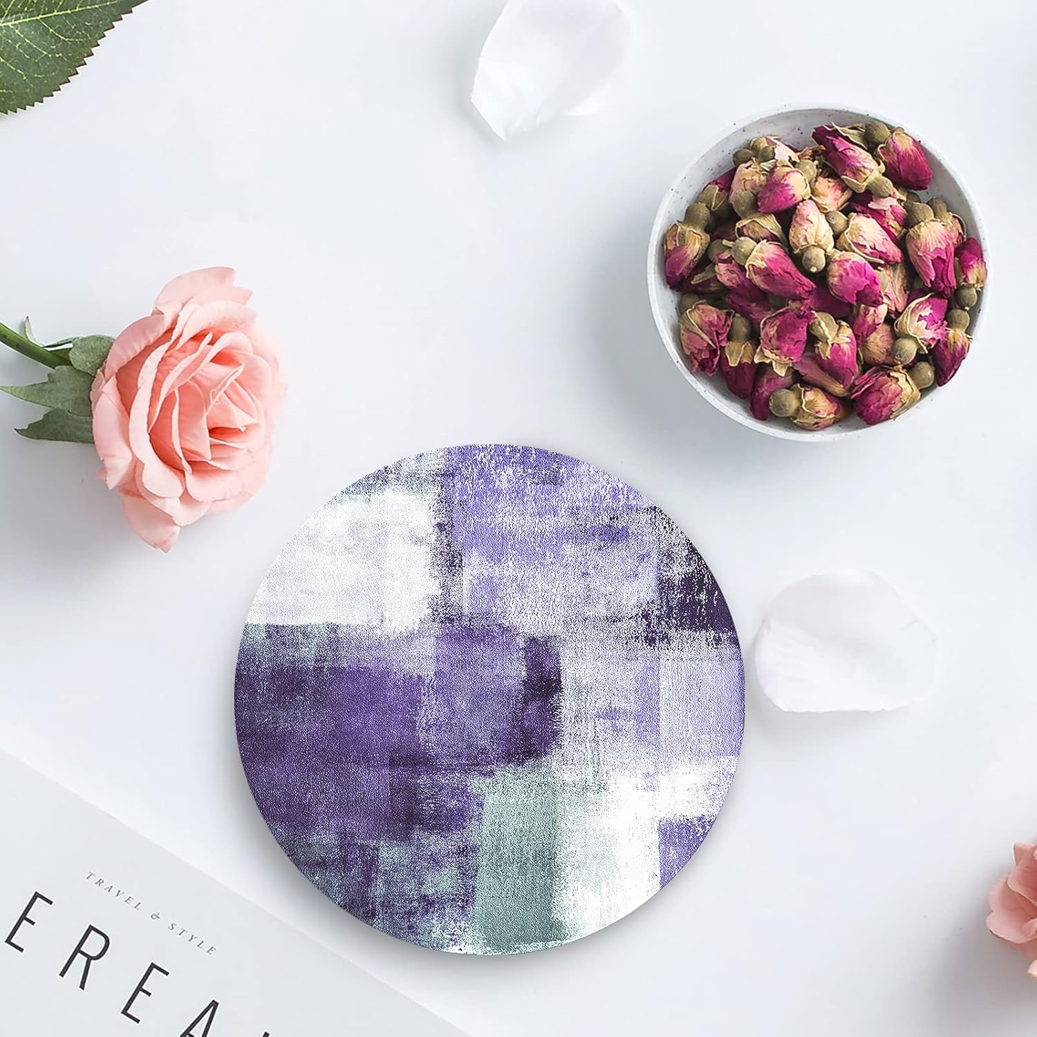 Coasters for Drinks Set of 8 with Holder, Abstract Geometric Oil Painting Purple Ceramic Cup Mat, Absorbent Round Ceramic Stone Coasters with Cork Base for Coffee Wooden Table Home Decor