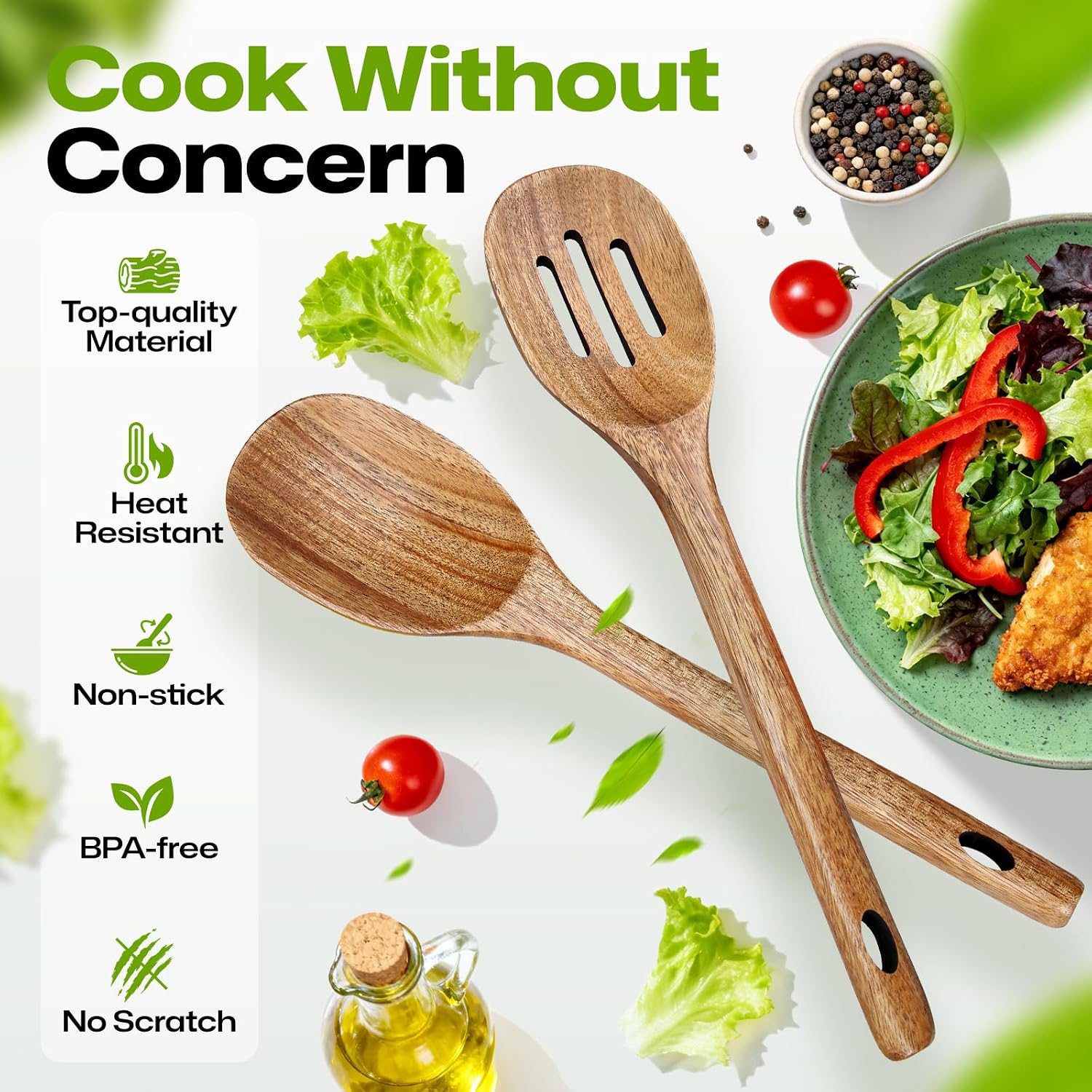 AIUHI 2Pcs Wooden Cooking Spoons for Cooking, No Scratch Wooden Spoons Set of Slotted Spoon & Serving Spoon, Natural Teak Wood Utensils Set for Cooking, Serving & Mixing