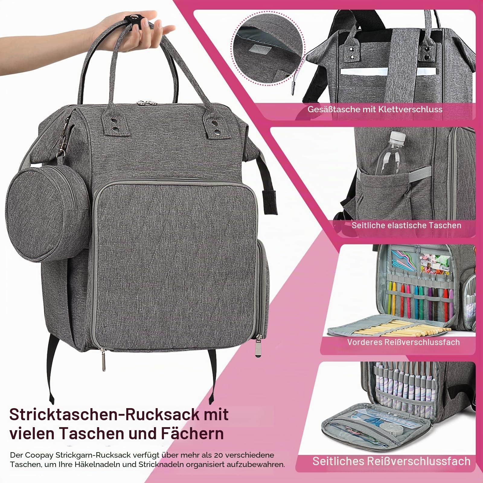 Coopay Multifunktion Stricktasche Rucksack, Reise Häkeltasche mit 6 Garnösen, Große Garnaufbewahrung Organizer Tasche für unfertige Projekte, Häkelnadel, Stricknadeln, Wolle, Strick- und Häkelzubehör