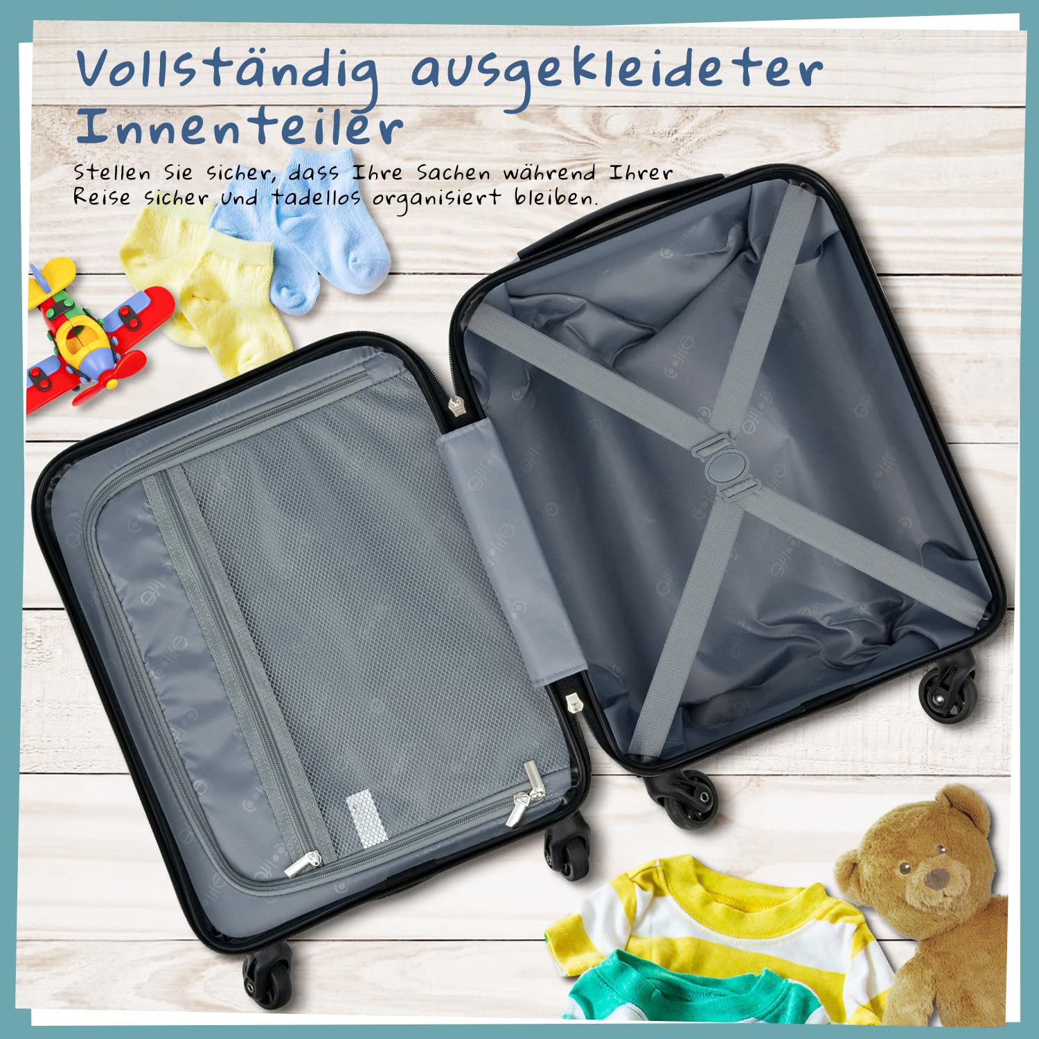 COOLIFE 5tlg Kinderkoffer mit Rucksack, Kindertrolley aus Kunststoff, Kindergepäck, Kinder Kofferset Handgepäck Reisegepäck Hartschalenkoffer für Jungen und Mädchen (Monster, Koffer-Set 5-TLG)