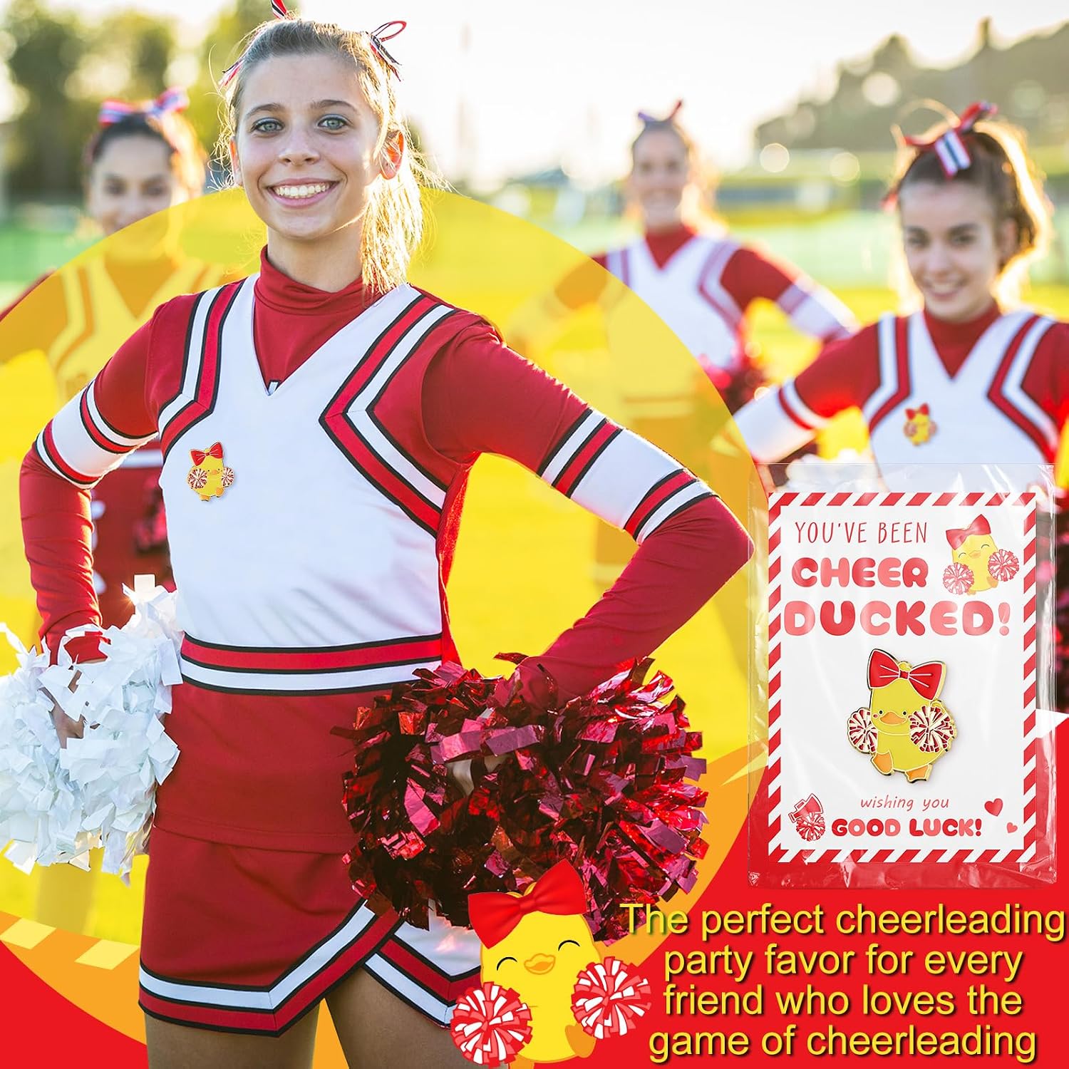 Quelay 24 Pack Cheer Team Gifts Bulk Cheerleader Duck Pins Brooches You've Been Cheer Ducked Tags Team Inspirational Gift Accessories for Teammates
