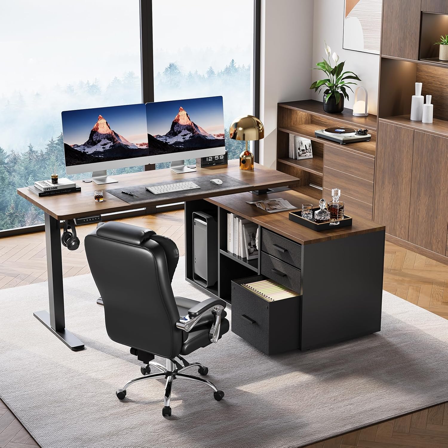 HUANUO L Shaped Standing Desk, Electric Executive Desk with Drawers, Adjustable Height Stand Up Desk, 55″ x 23.6″ One-Whole Piece Desktop, Home Office Computer Desk with 4 Memory Presets, Walnut
