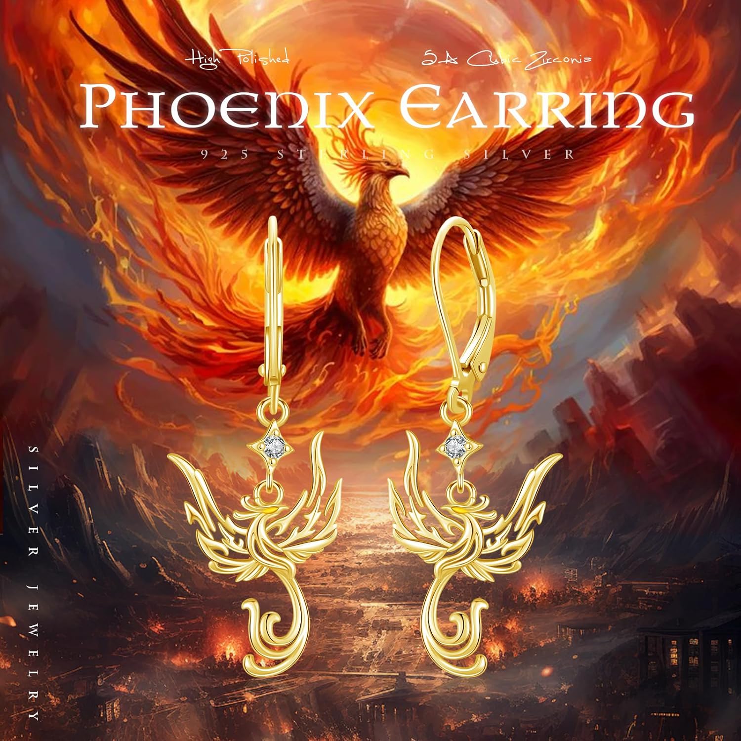 TUGHRA Phoenix Earrings for Women 925 Sterling Silver Rising Phoenix Dangling Earrings Nirvana Rebirth Phoenix Dangle Earrings Jewelry Gifts for Girls Women