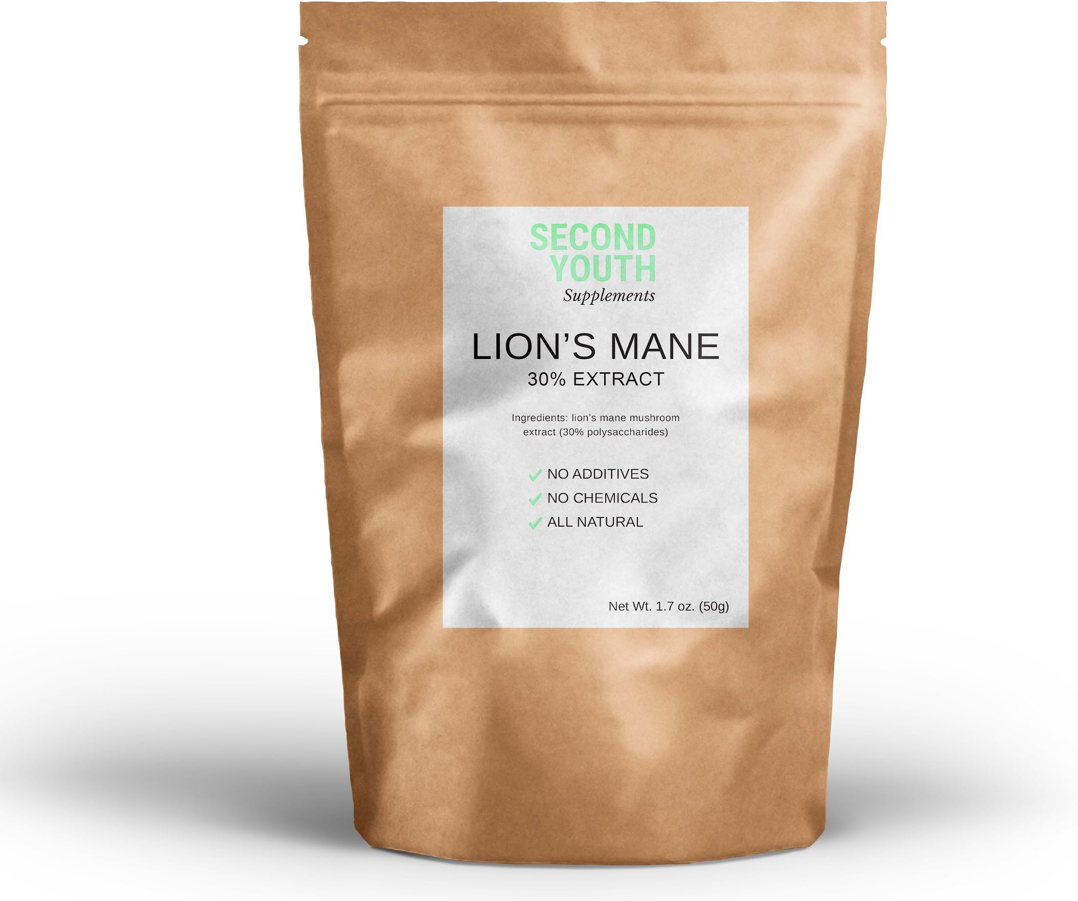 Second Youth Lion's Mane Mushroom Extract 8:1 with 30% Polysaccharides - All Natural, No Additives, No Fillers - Pure and Very Potent
