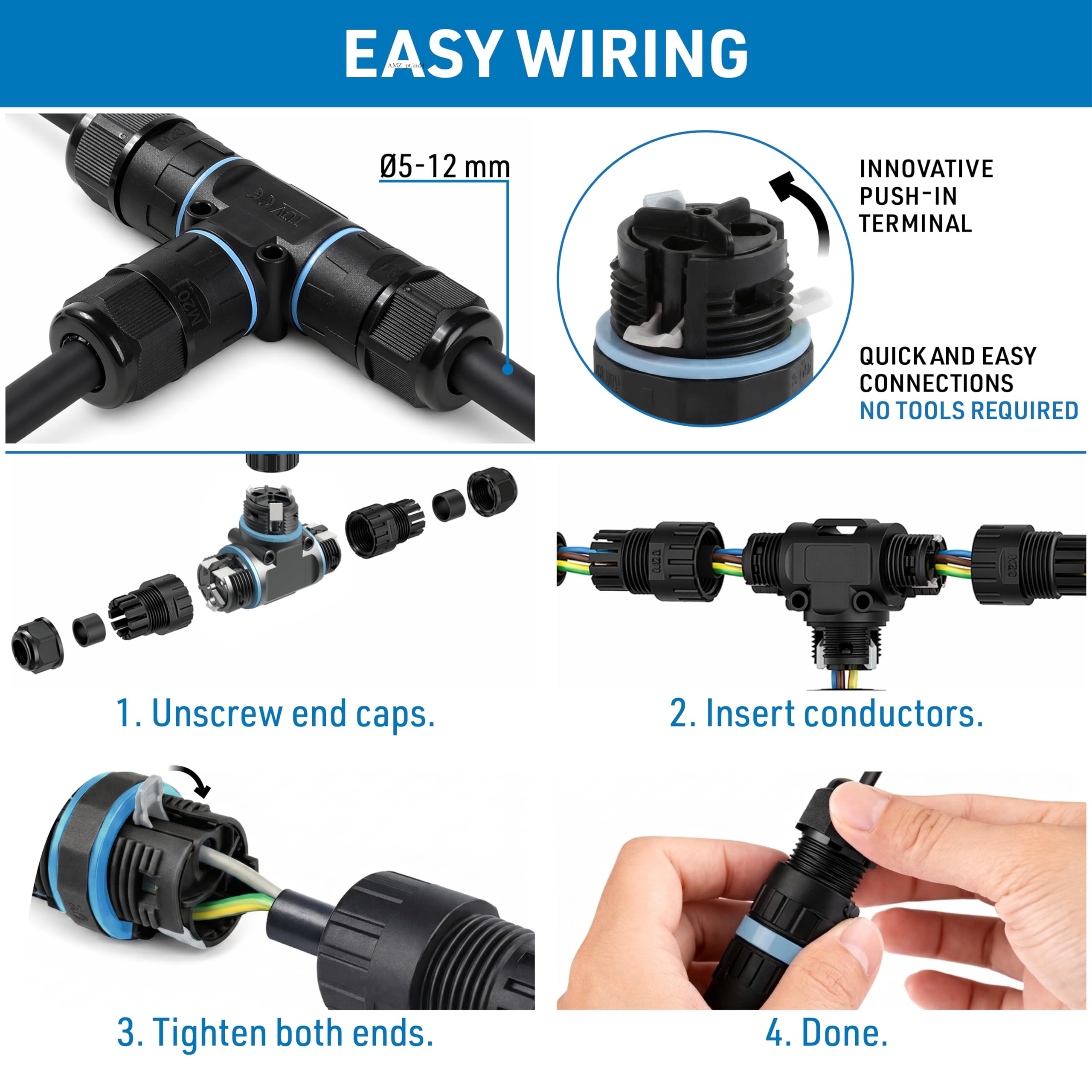 Electraline 71736 Conector estanco en forma de t, 3 polos, 3 vías, ideal para jardines y espacios exteriores, para cables externos IP68