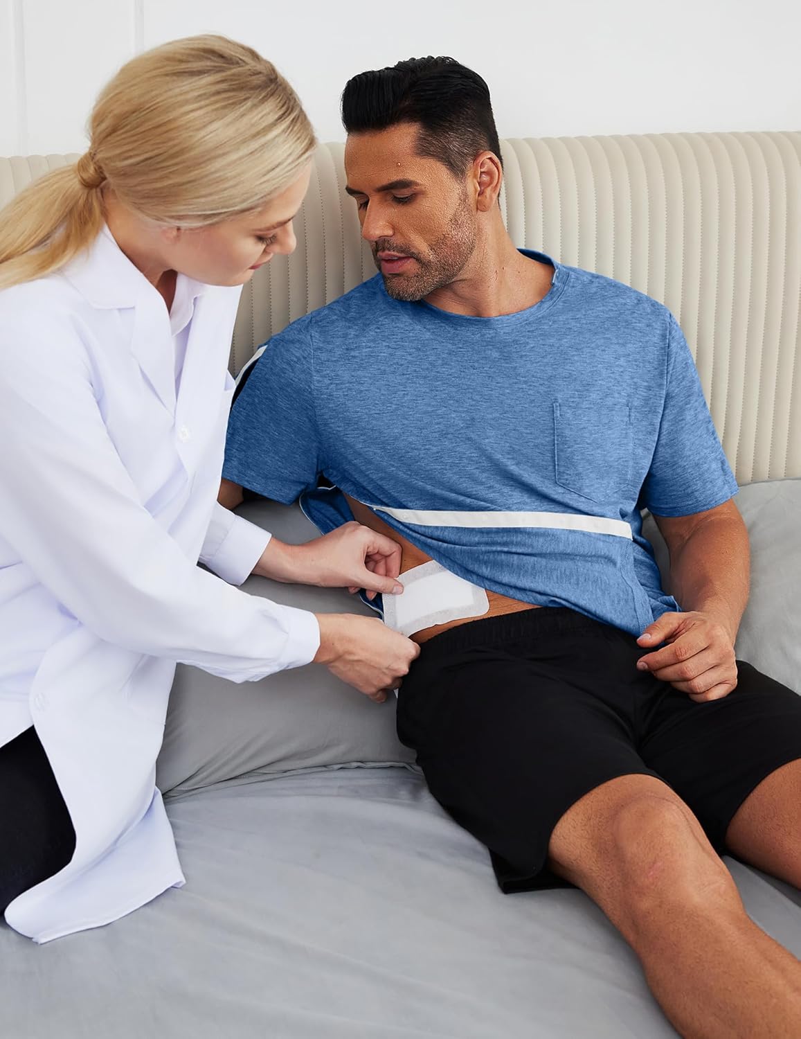 Deyeek Men's Post Shoulder Surgery Shirts Recovery Tear Away Short Sleeve Full Open Side Snap Adaptive Chemo Clothing - Image 3