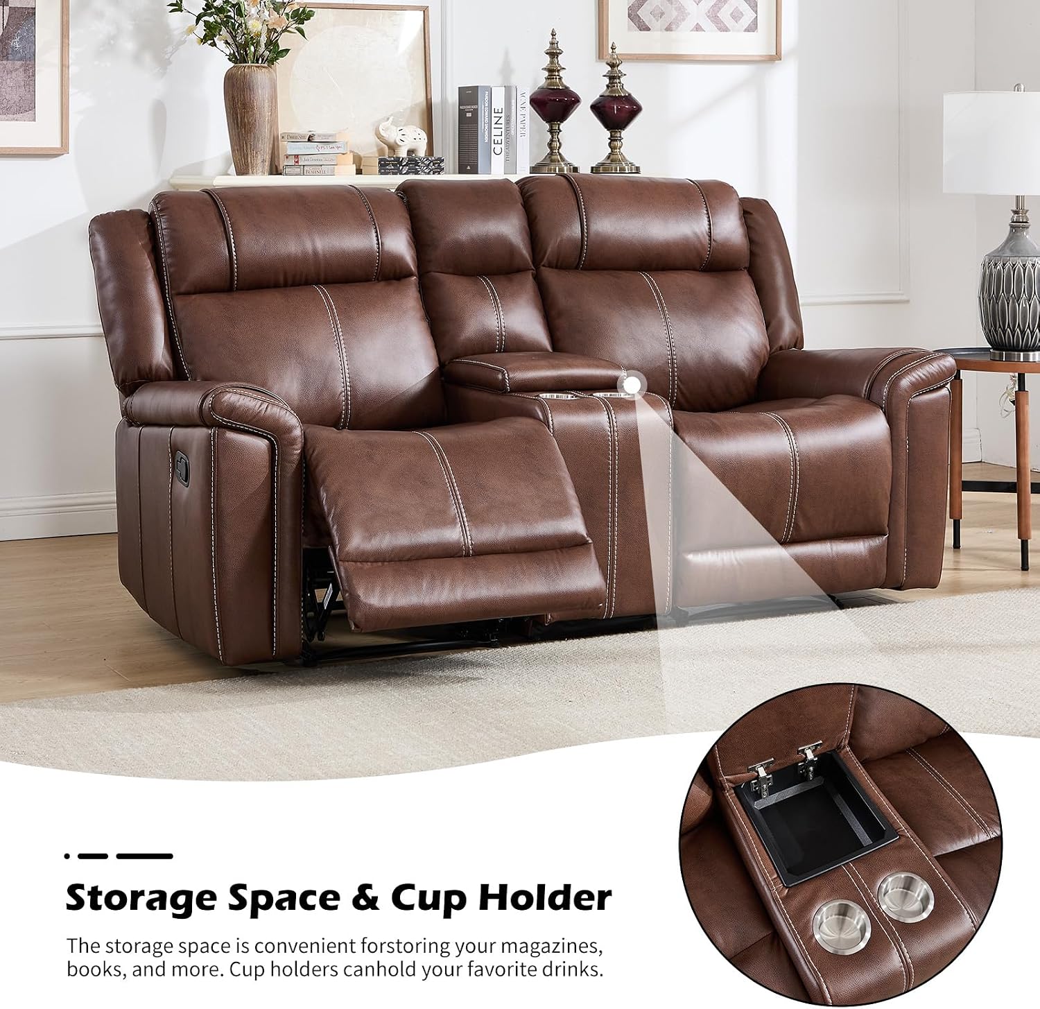 EBELLO Faux Leather Recliner Sofa Set, Includes a Manual Reclining Loveseat and a 3 Seat Couch, Mid-Century Modern 5-Seater Furniture Set with Cup Holders and Storage Space, for Living Room, Brown