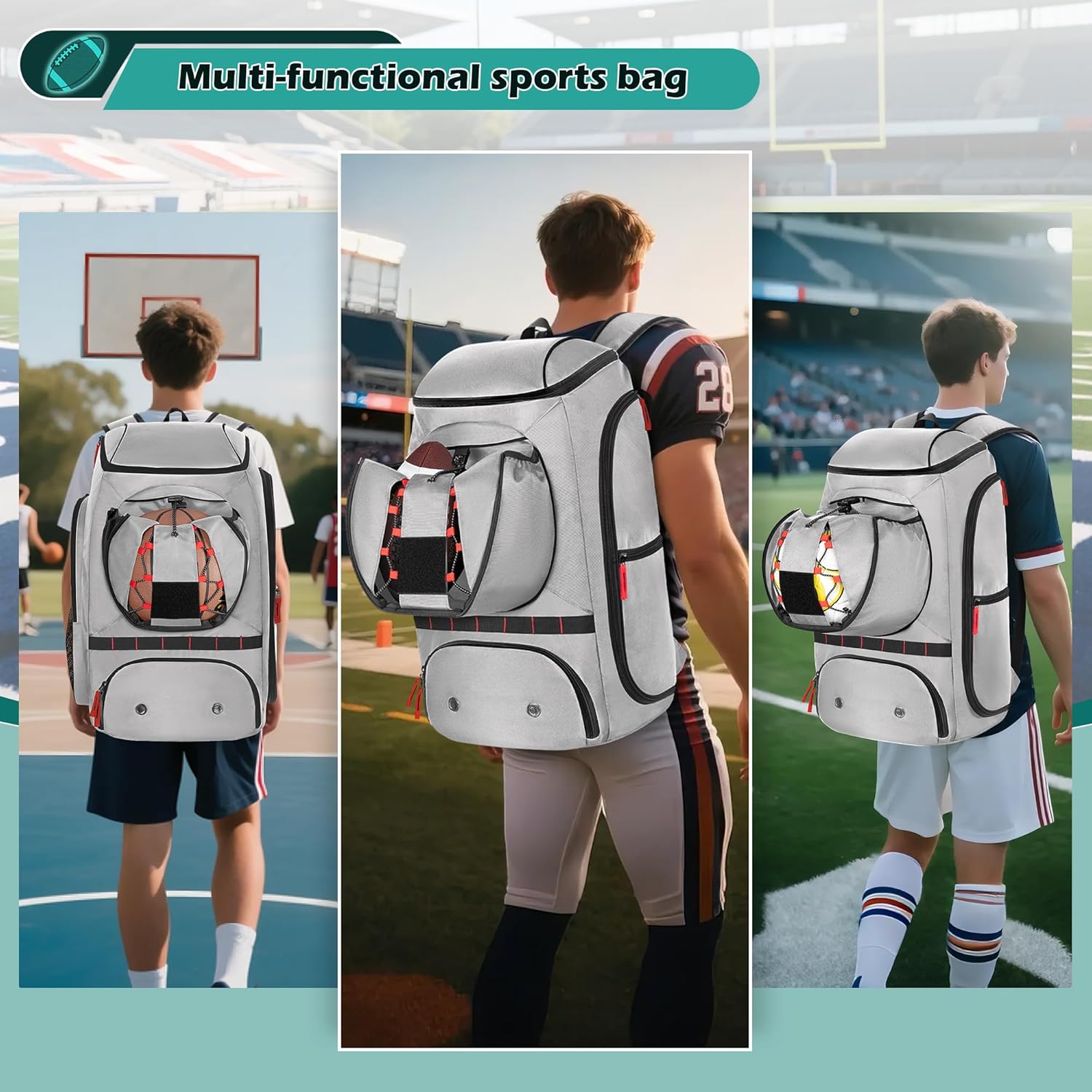 Football Bag for Equipment with External Ball Holder, Insulated Pocket and Fence Hooks, Football Backpack for Youth and Adult