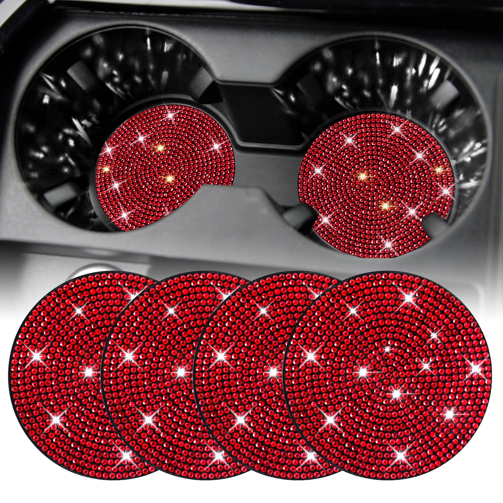 SINGARO Bling Cup Holder Coasters for Car, 4PCS Universal Non-Slip Cup Holder, Embedded Decorative Coasters, Shiny Crystal Car Interior Accessories Gifts for Women (Red)