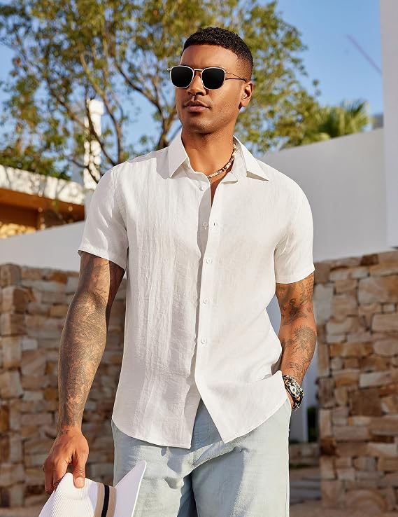 COOFANDY Men's Linen Shirts Short Sleeve Casual Button Down Shirts Beach Summer Wedding Tops