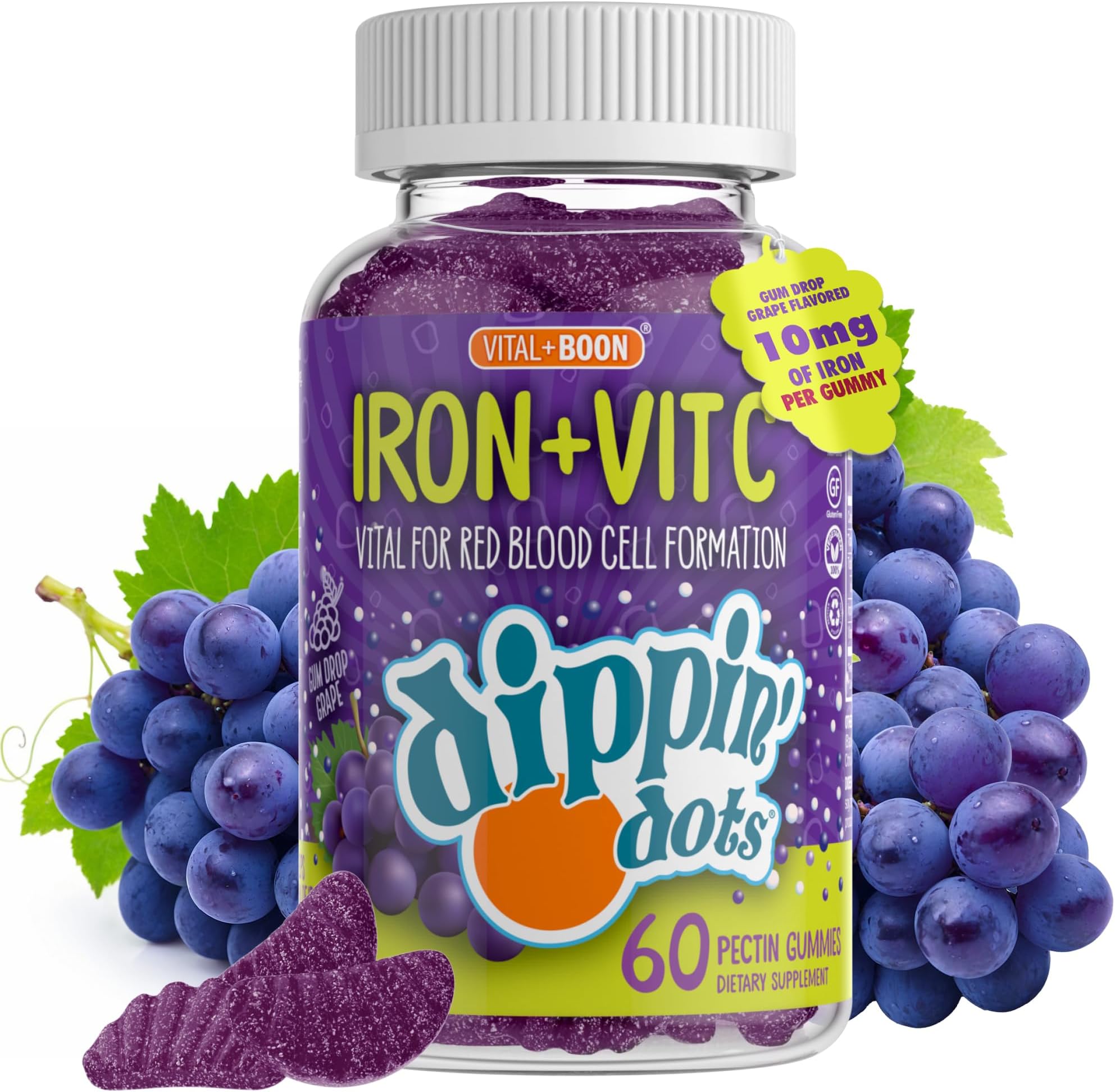 Iron with Vitamin C & B12 Gummies (60 Count) Vital for Red Blood Cell Formation | Gum Drop Grape Real Pectin Fruit Chew Supplements | Vegan, Non-GMO, Gluten Free & Gelatin Free