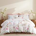 Nayoroom Pink Floral Duvet Cover Queen Size White Green Botanical Leaf Reversible Cottagecore Bedding 3 Pcs Soft Breathable Aesthetic Spring Comforter Cover Gift for Women Girls