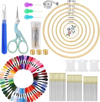 50 PCS Crafts Floss with 72 Pcs Cross Stitch Supplies, 6 Pcs Embroidery Hoops, Cross Stitch Kit for Beginners Craft Sewing