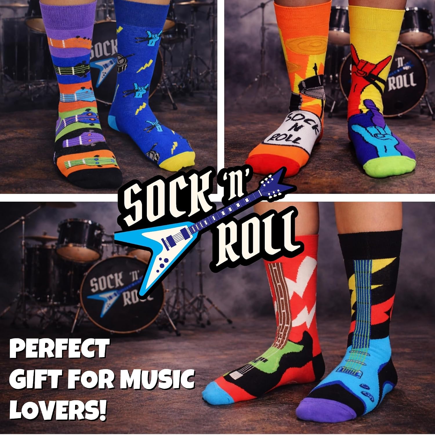 United Oddsocks Sock 'n' Roll Gift Box, 6 Colourful Rock Music Odd Socks for Men, Mix & Match Guitar Drum Band Novelty Socks, Cotton-Rich Crew Socks Gift Set for Men, UK 6–11, EUR 39–46, US 7–12