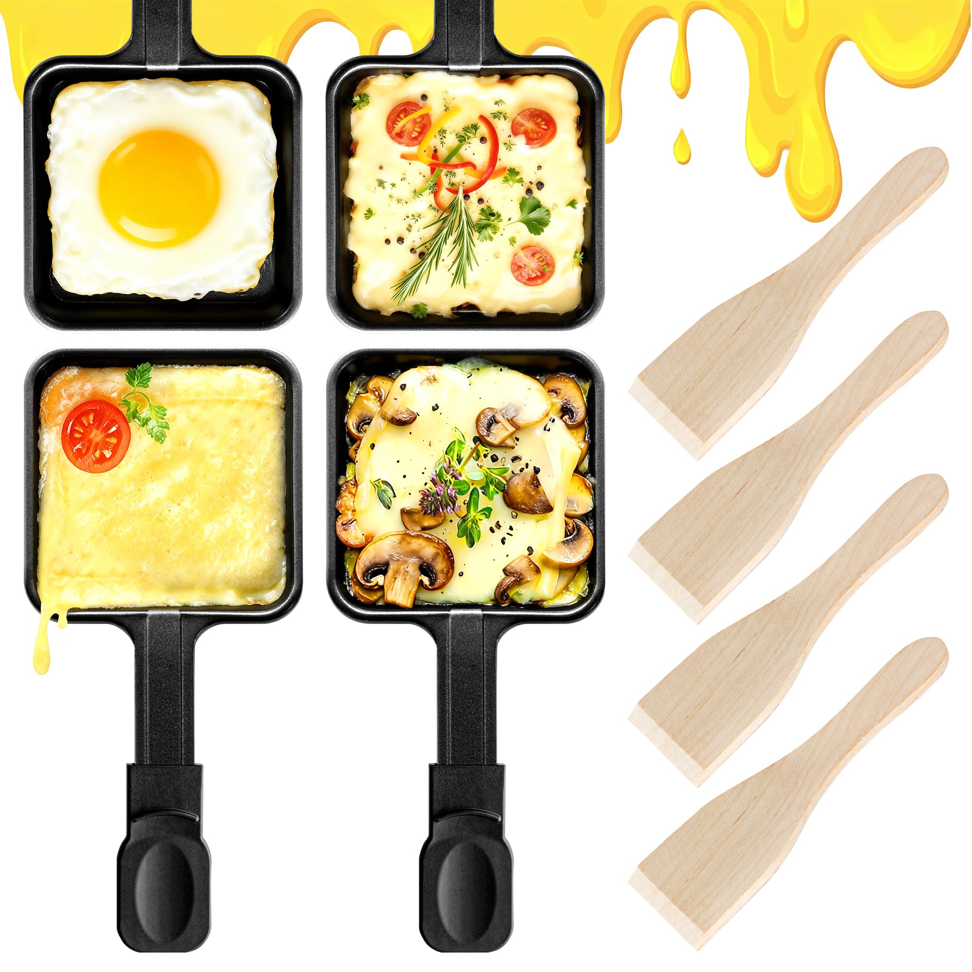 Kosmosta 4 Pack Square Raclette Cheese Pan with Extra Long Handle, 4 Wooden Spatulas, Non-stick Coating, Large Raclette Grill Pan, Replacement Accessories for Raclette Machines