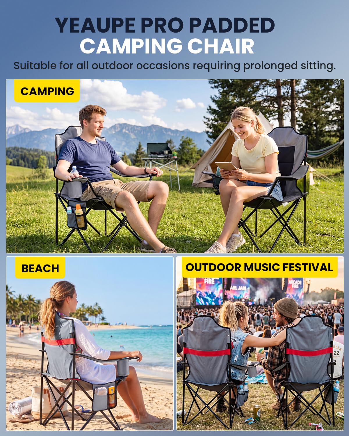 YEAUPE PRO Silla de Camping Plegable y Acolchada, Sillas de Pesca Extra Cómoda hasta 150 kg, Respaldo Alto, con Portavasos y Bolsa de Transporte, Silla Exterior para Camping, Playa, Jardín y Pesca