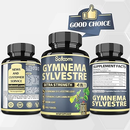 Miniatura 6 de Satoomi Pure Gymnema Sylvestre Cápsulas Extracto - 180 cápsulas de 6 meses - Mezclado con hoja de neem, albahaca sagrada y raíz de curcumina de