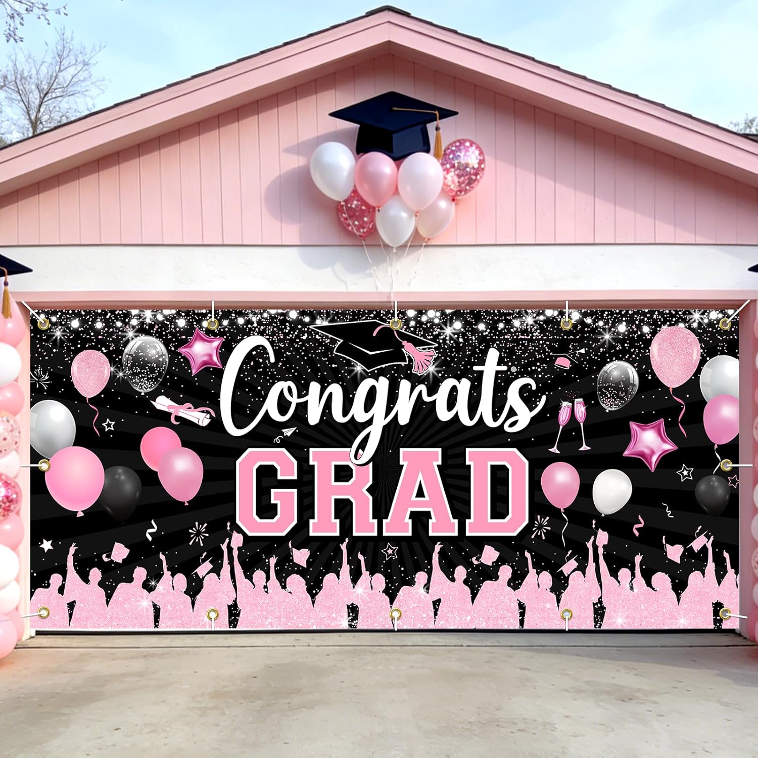 Sursurprise 6x13ft Pink Black Garage Door Graduation Banner Cover, 2026 Congrats Grad Large Backdrop Yard Sign Indoor Outdoor Stage Background Outdoor Indoor Graduation Party Decor Supplies