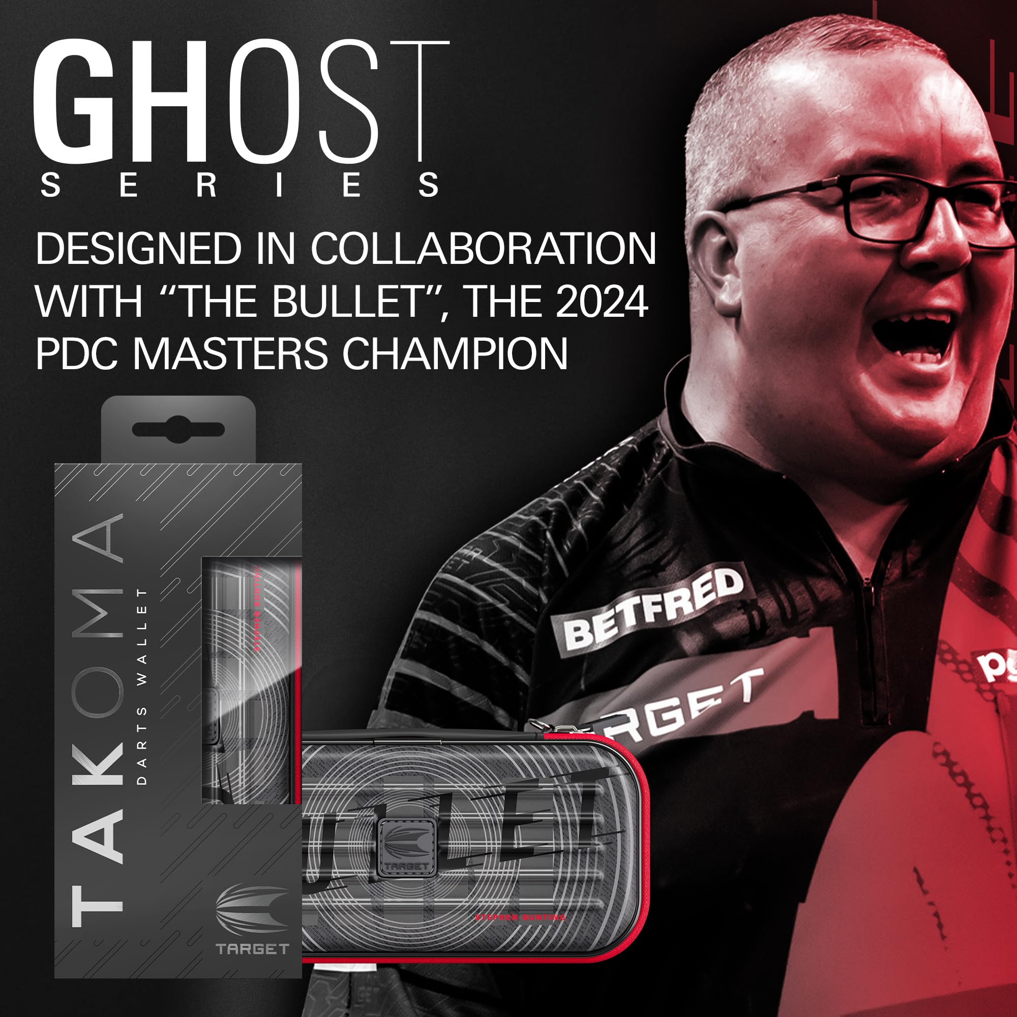 Target Darts Stephen Bunting Ghost Series Takoma Wallet – “The Bullet” etui na 3 zmontowane rzutki, czarno-białe, z zamkiem błyskawicznym, profesjonalne akcesoria do przechowywania.
