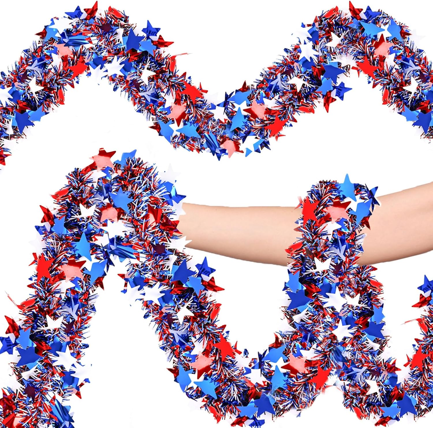 4th of July Garland 59FT Red White Blue Garland Patriotic Glitter Tinsel Garlands USA Tinsel Garlands Parade Golf Cart Shiny Tinsels for 250th Anniversary Memorial Veterans Independence Day