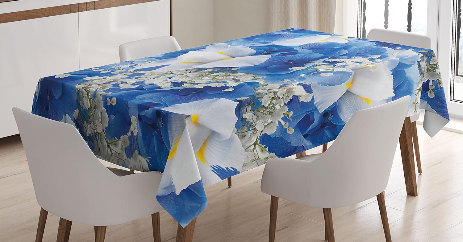 Ambesonne Floral Tablecloth, Flower Bouquet with Hydrangeas and Irises Blossoms Buds Springtime Summer Design, Rectangular Table Cover for Dining Room Kitchen Decor, 60" X 84", White Blue 60" X 84" White Blue